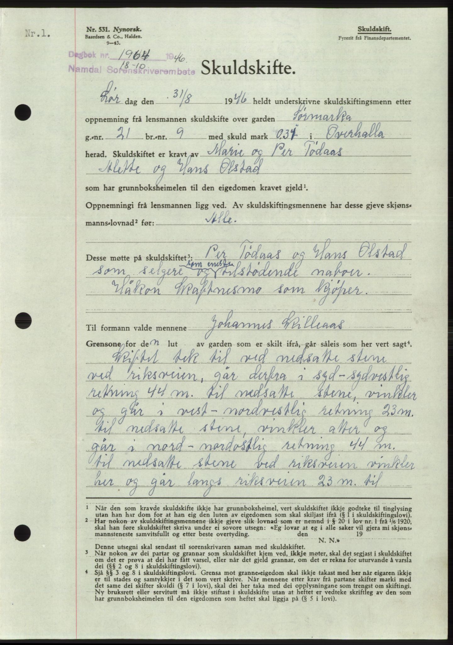 Namdal sorenskriveri, SAT/A-4133/1/2/2C: Pantebok nr. -, 1946-1947, Dagboknr: 1964/1946