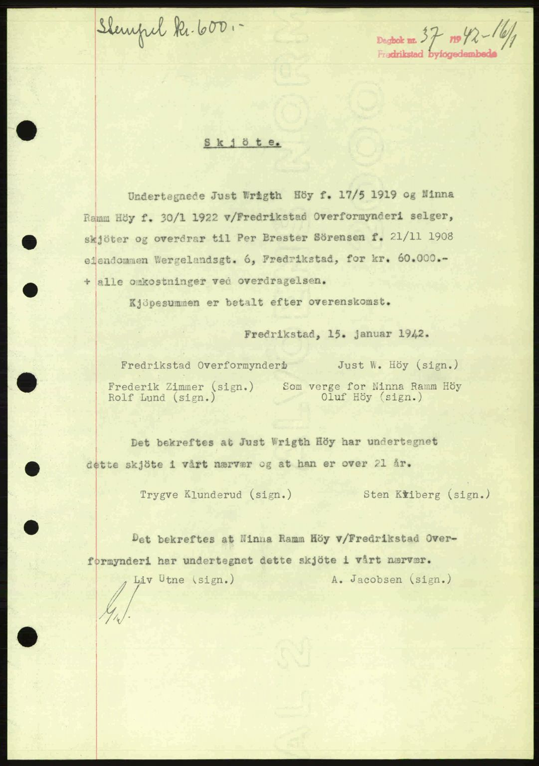 Fredrikstad byfogd, AV/SAO-A-10473a/G/Ga/Gac/L0002: Pantebok nr. A32a, 1940-1945, Dagboknr: 37/1942