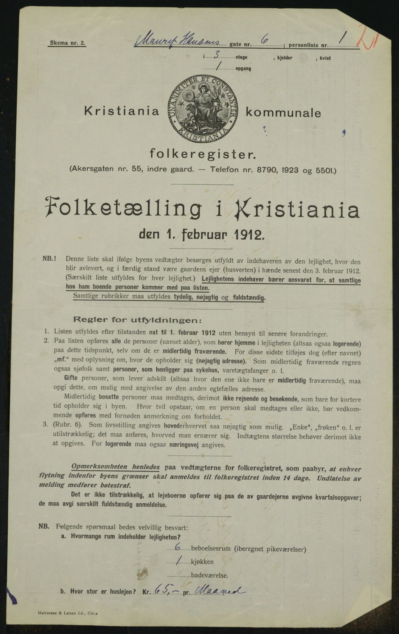 OBA, Kommunal folketelling 1.2.1912 for Kristiania, 1912, s. 65420