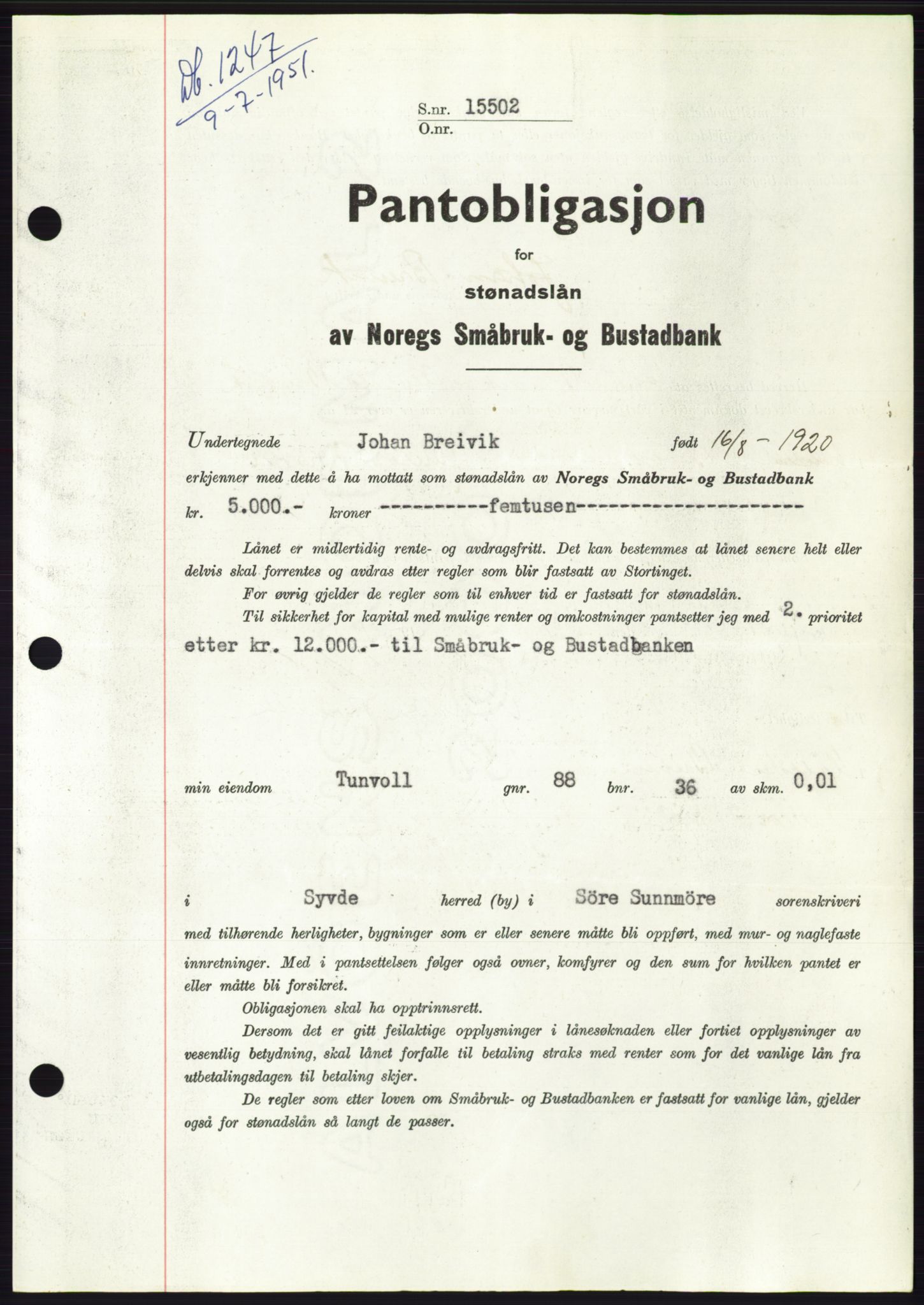 Søre Sunnmøre sorenskriveri, SAT/A-4122/1/2/2C/L0120: Pantebok nr. 8B, 1951-1951, Dagboknr: 1247/1951