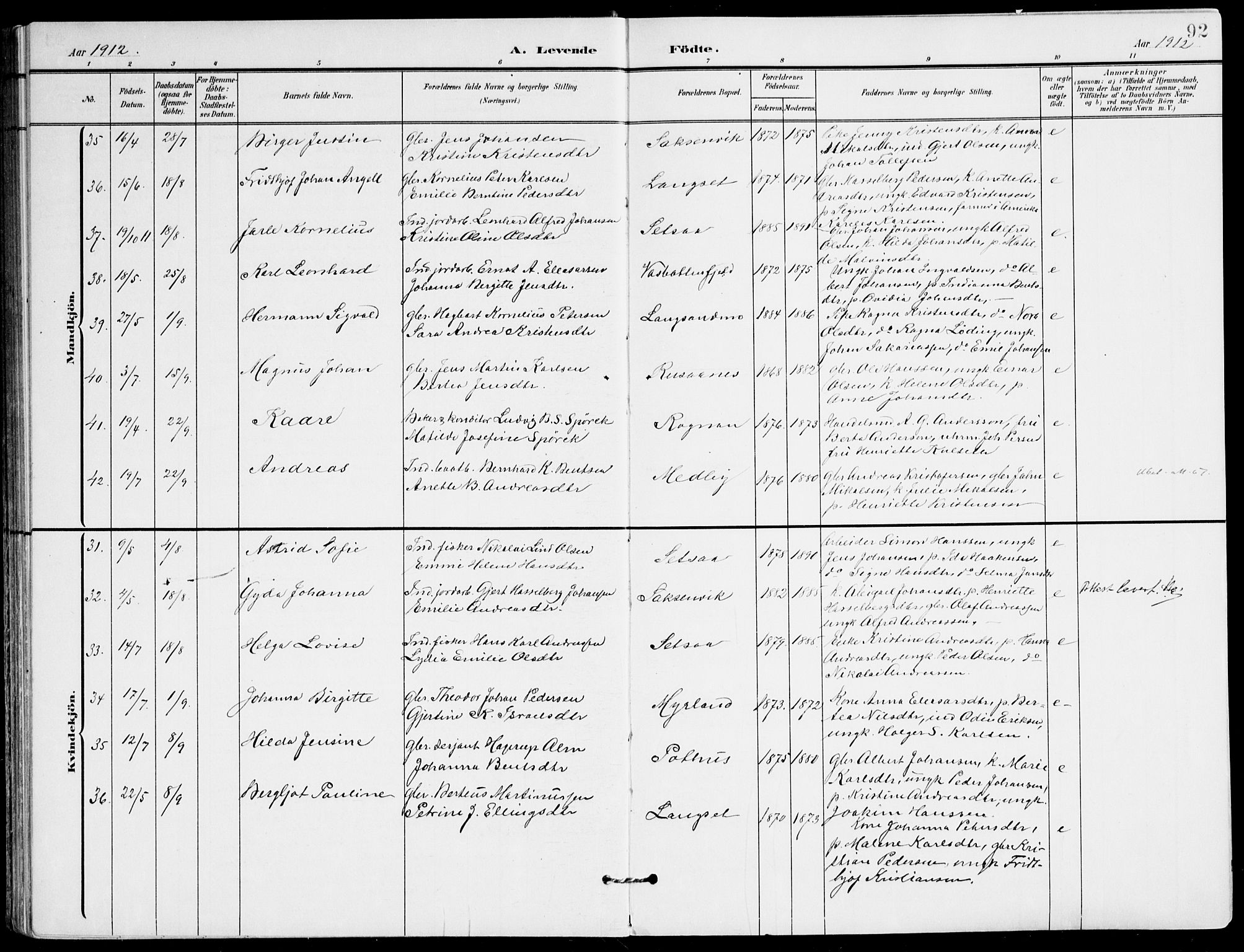 Ministerialprotokoller, klokkerbøker og fødselsregistre - Nordland, SAT/A-1459/847/L0672: Ministerialbok nr. 847A12, 1902-1919, s. 92