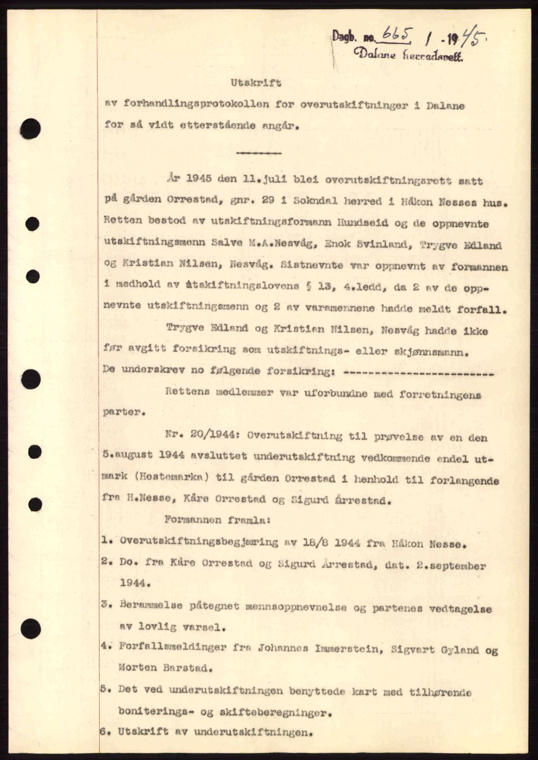 Dalane sorenskriveri, SAST/A-100309/02/G/Gb/L0047: Pantebok nr. A8 I, 1944-1945, Dagboknr: 665/1945