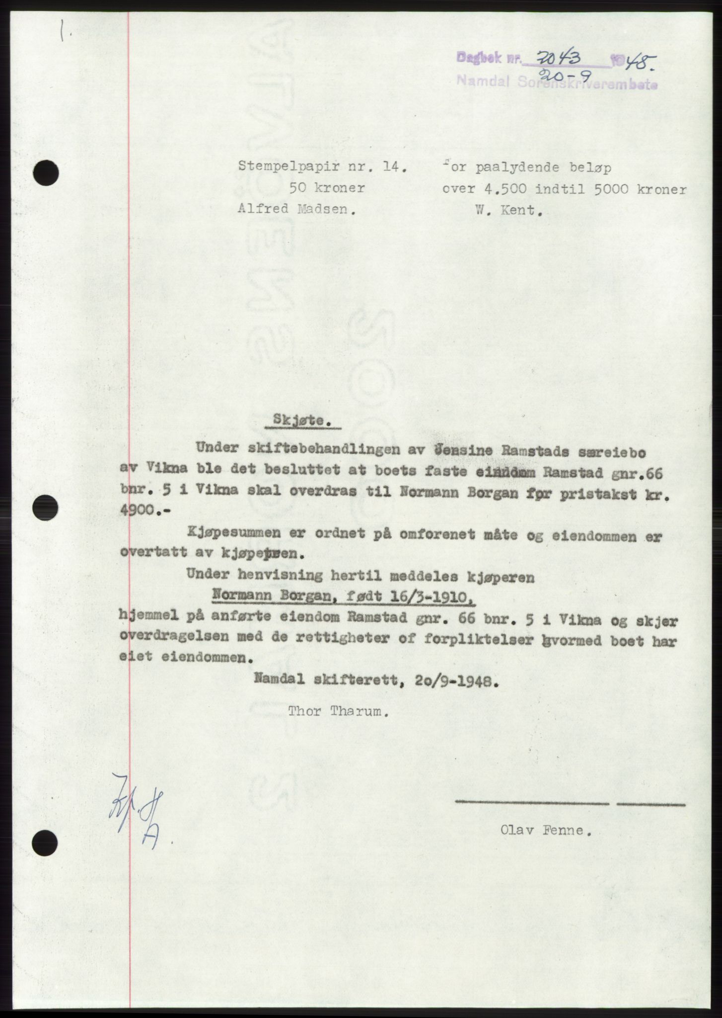 Namdal sorenskriveri, SAT/A-4133/1/2/2C: Pantebok nr. -, 1948-1948, Dagboknr: 2043/1948