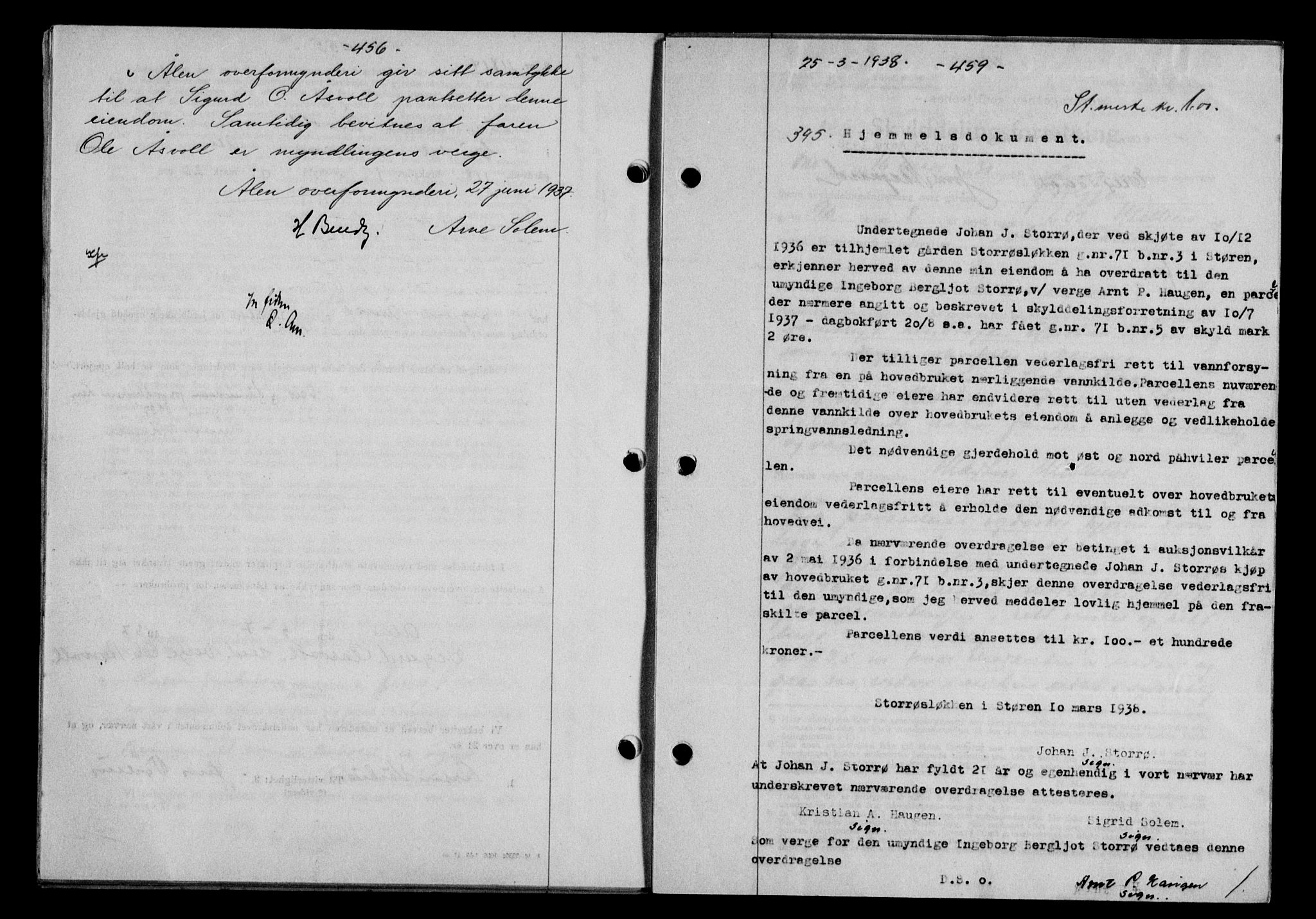 Gauldal sorenskriveri, SAT/A-0014/1/2/2C/L0048: Pantebok nr. 51-52, 1937-1938, s. 456, Dagboknr: 395/1938