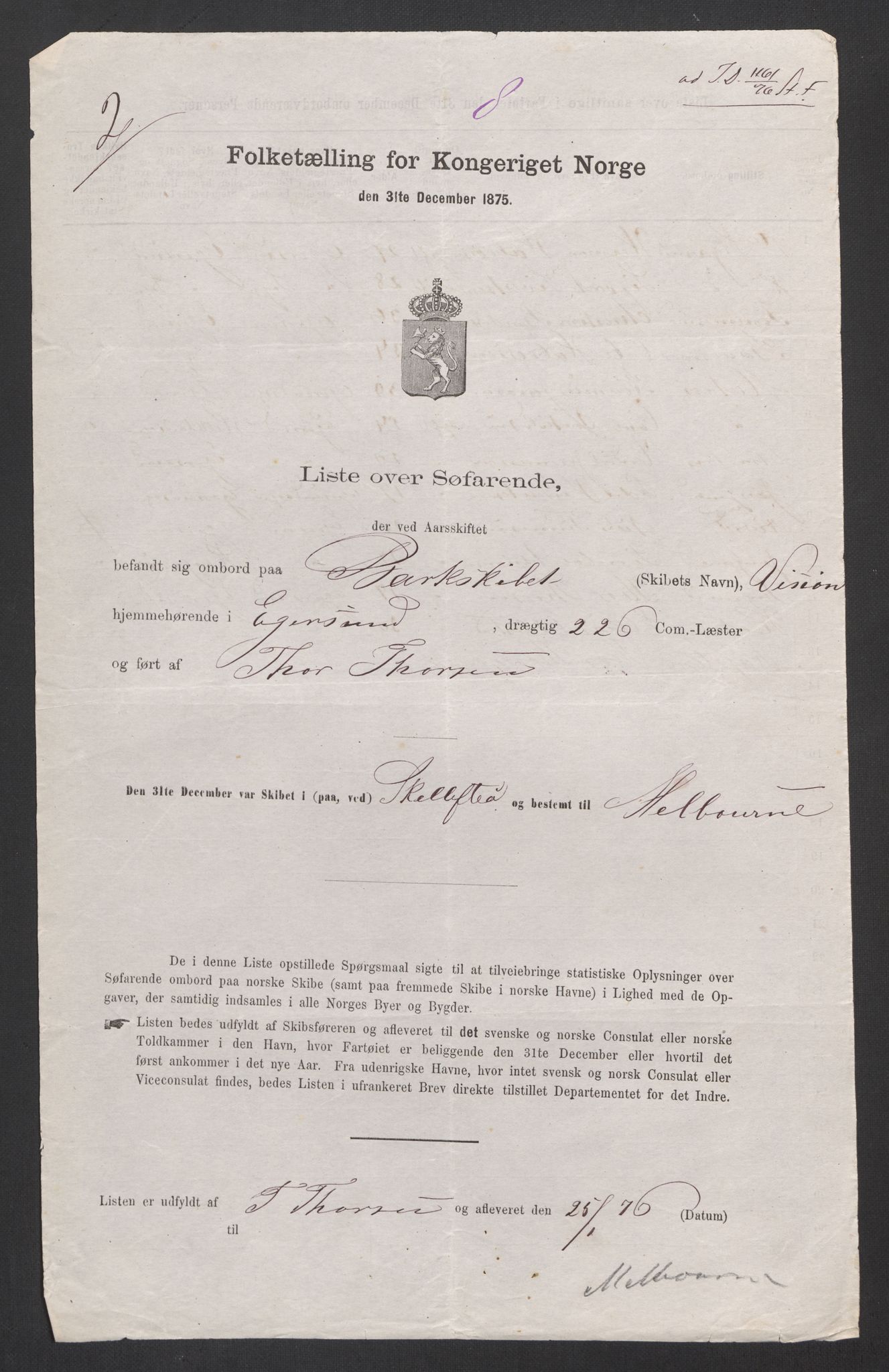 RA, Folketelling 1875, skipslister: Skip i utenrikske havner, hjemmehørende i 1) byer og ladesteder, Grimstad - Tromsø, 2) landdistrikter, 1875, s. 412