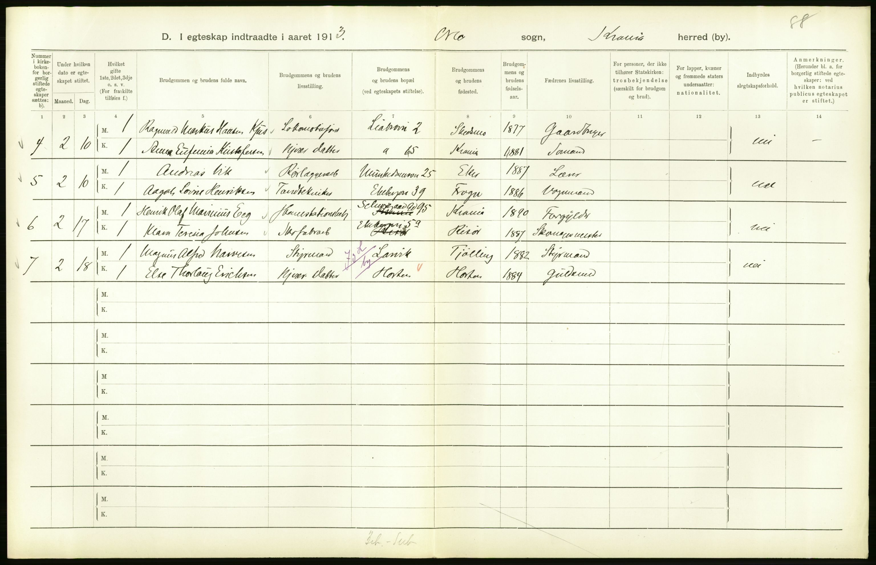 Statistisk sentralbyrå, Sosiodemografiske emner, Befolkning, RA/S-2228/D/Df/Dfb/Dfbc/L0008: Kristiania: Gifte., 1913, s. 110