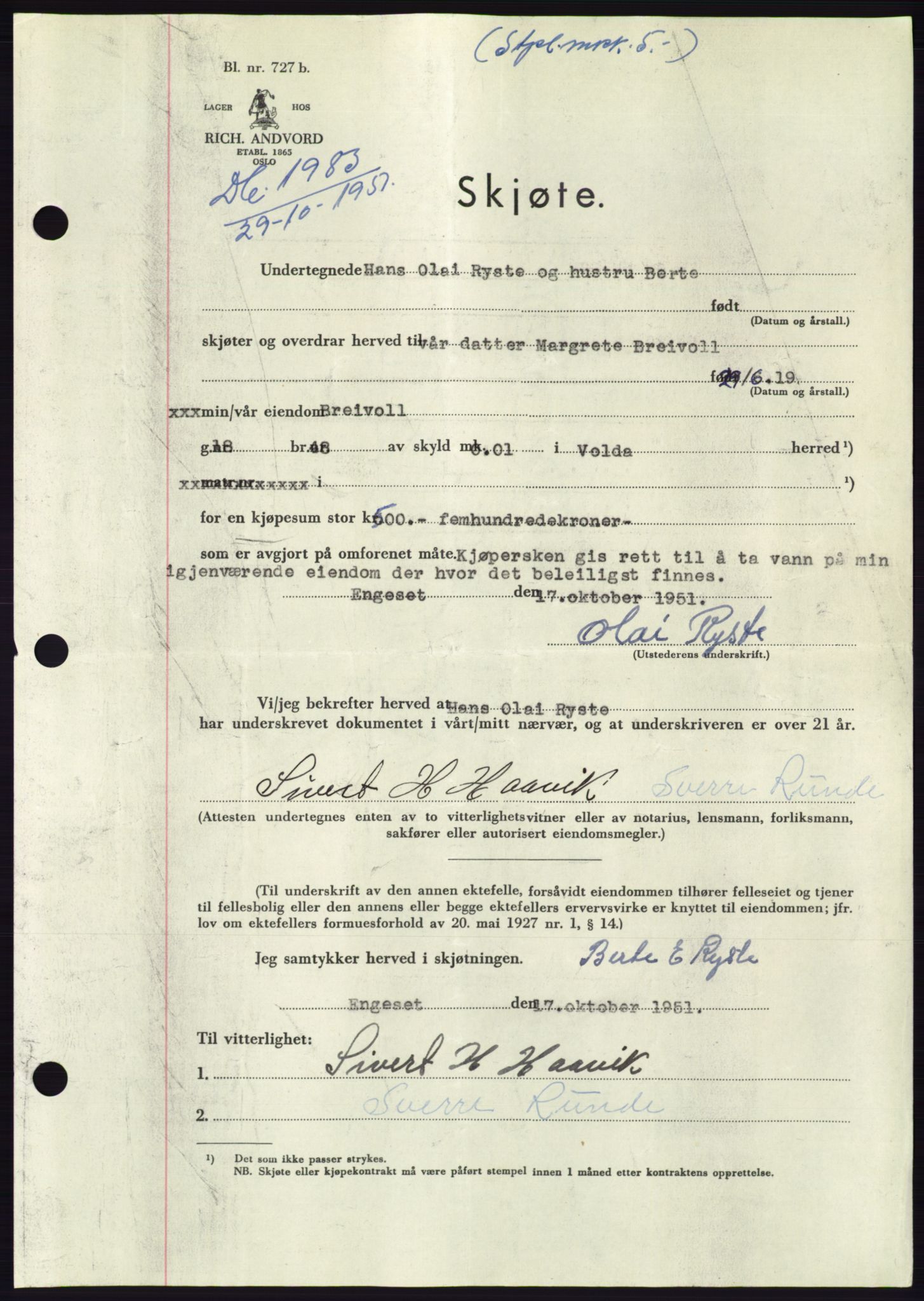 Søre Sunnmøre sorenskriveri, AV/SAT-A-4122/1/2/2C/L0090: Pantebok nr. 16A, 1951-1951, Dagboknr: 1983/1951