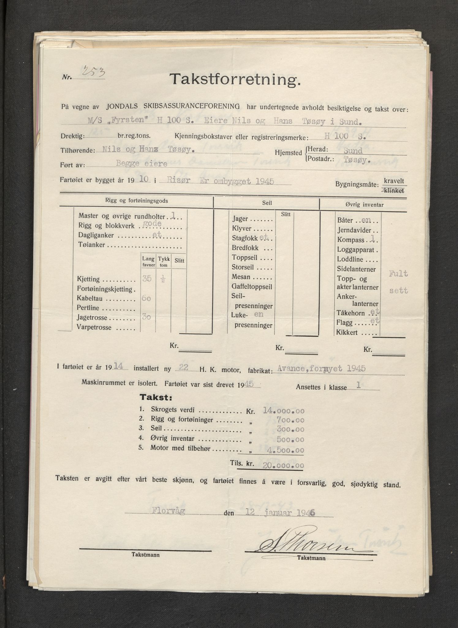 Jondal Skipsassuranseforening, AV/SAB-SAB/PA-0276/E/L0056: Takster , 1951-1955