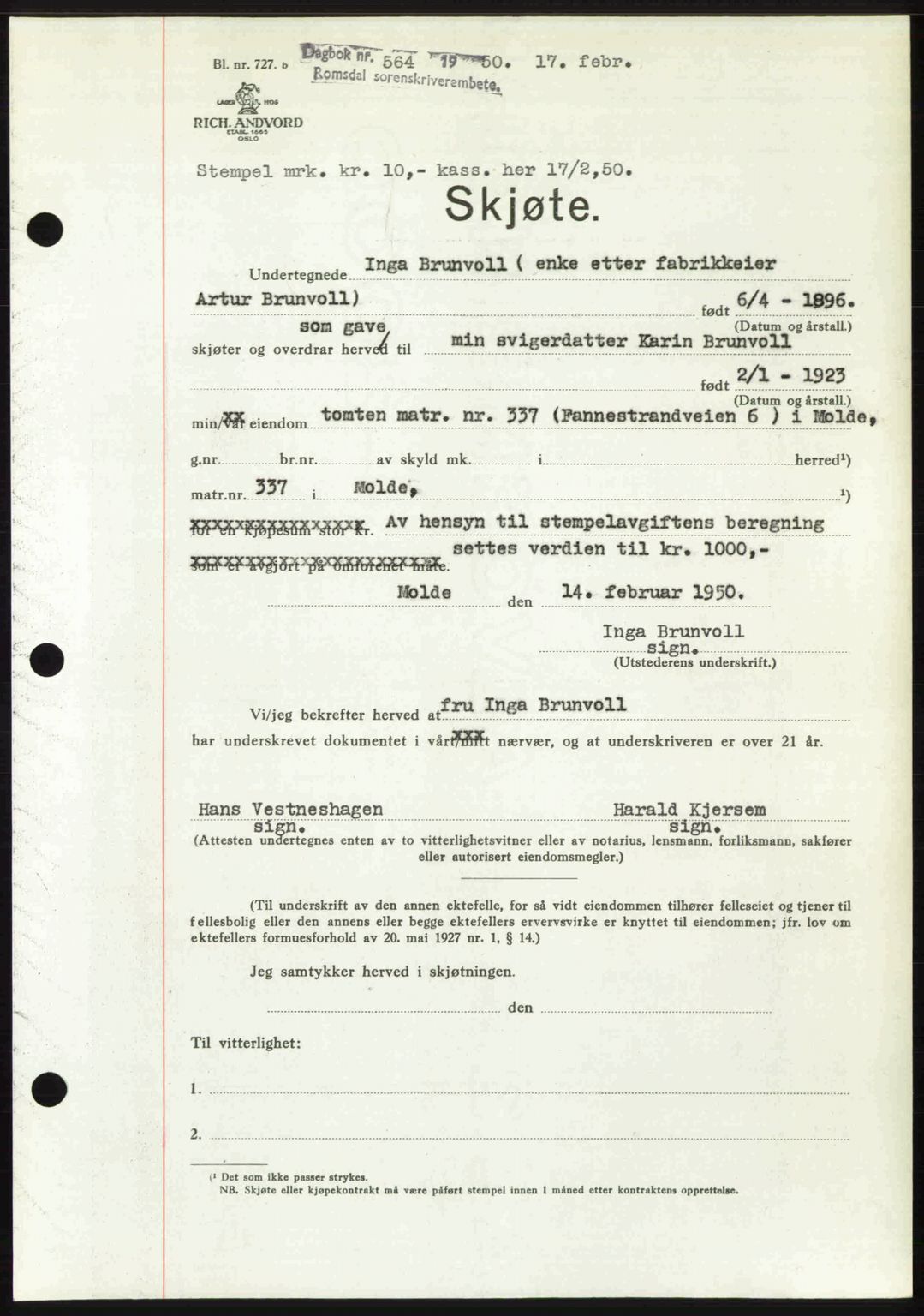 Romsdal sorenskriveri, SAT/A-4149/1/2/2C: Pantebok nr. A32, 1950-1950, Dagboknr: 564/1950