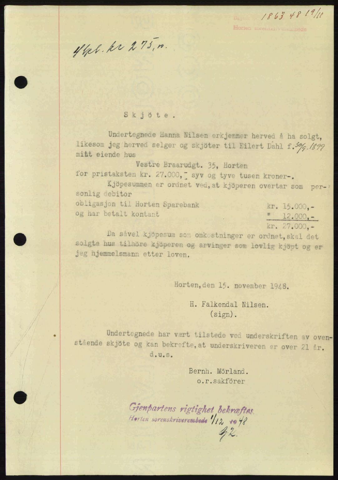 Horten sorenskriveri, AV/SAKO-A-133/G/Ga/Gaa/L0011: Pantebok nr. A-11, 1948-1948, Dagboknr: 1863/1948