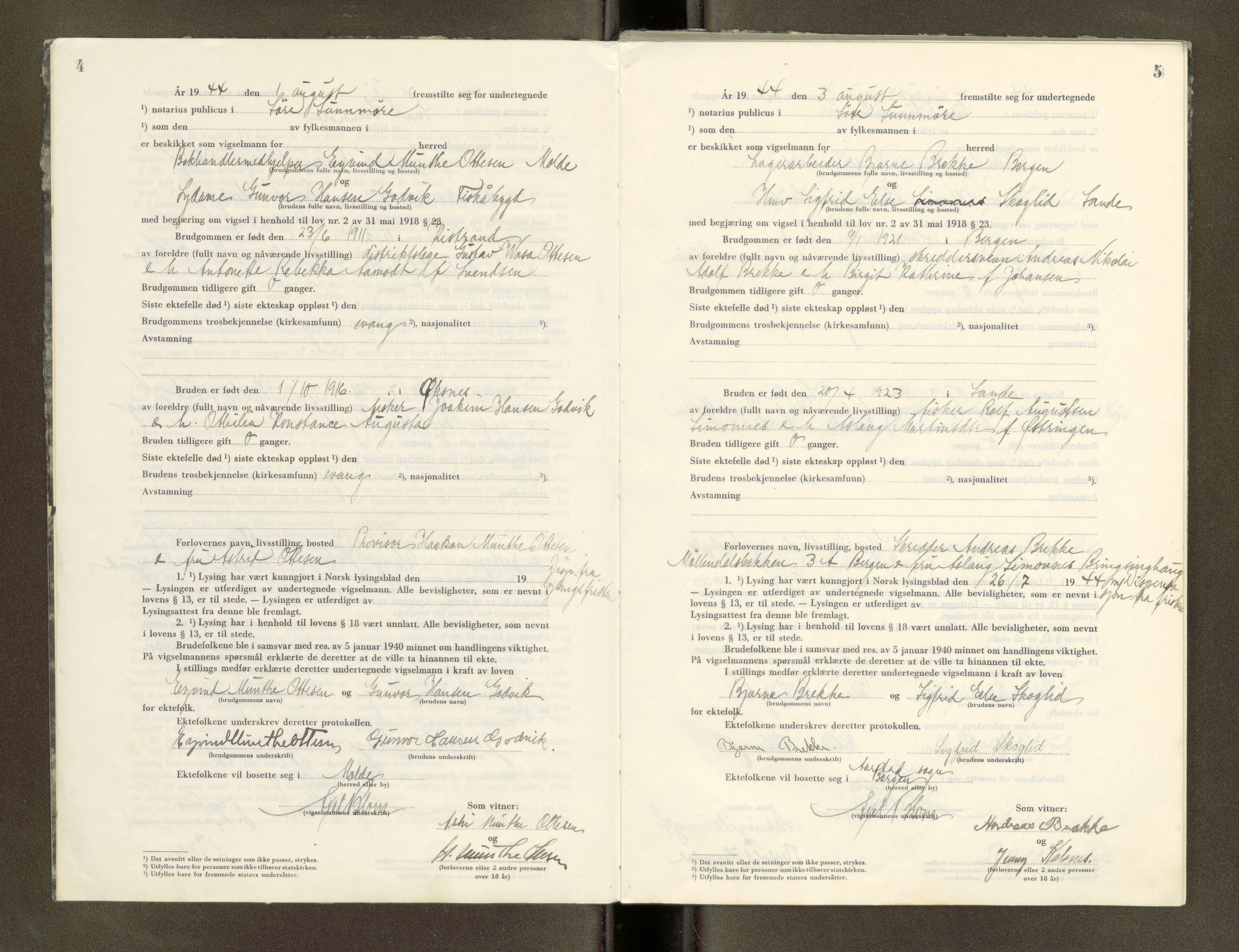 Søre Sunnmøre sorenskriveri, AV/SAT-A-4122/1/6/6D/L0003: Vigselsbok, 1944-1966, s. 4-5
