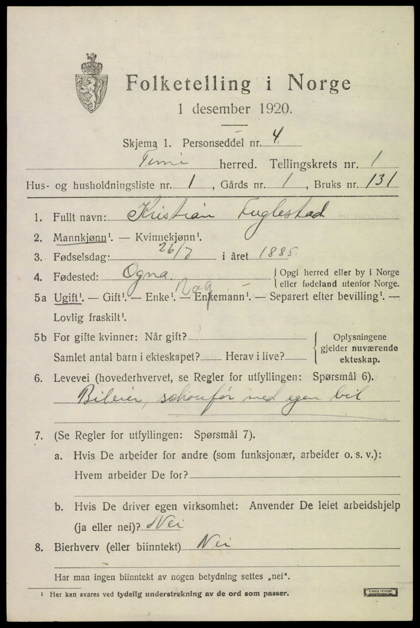 SAST, Folketelling 1920 for 1121 Time herred, 1920, s. 1281