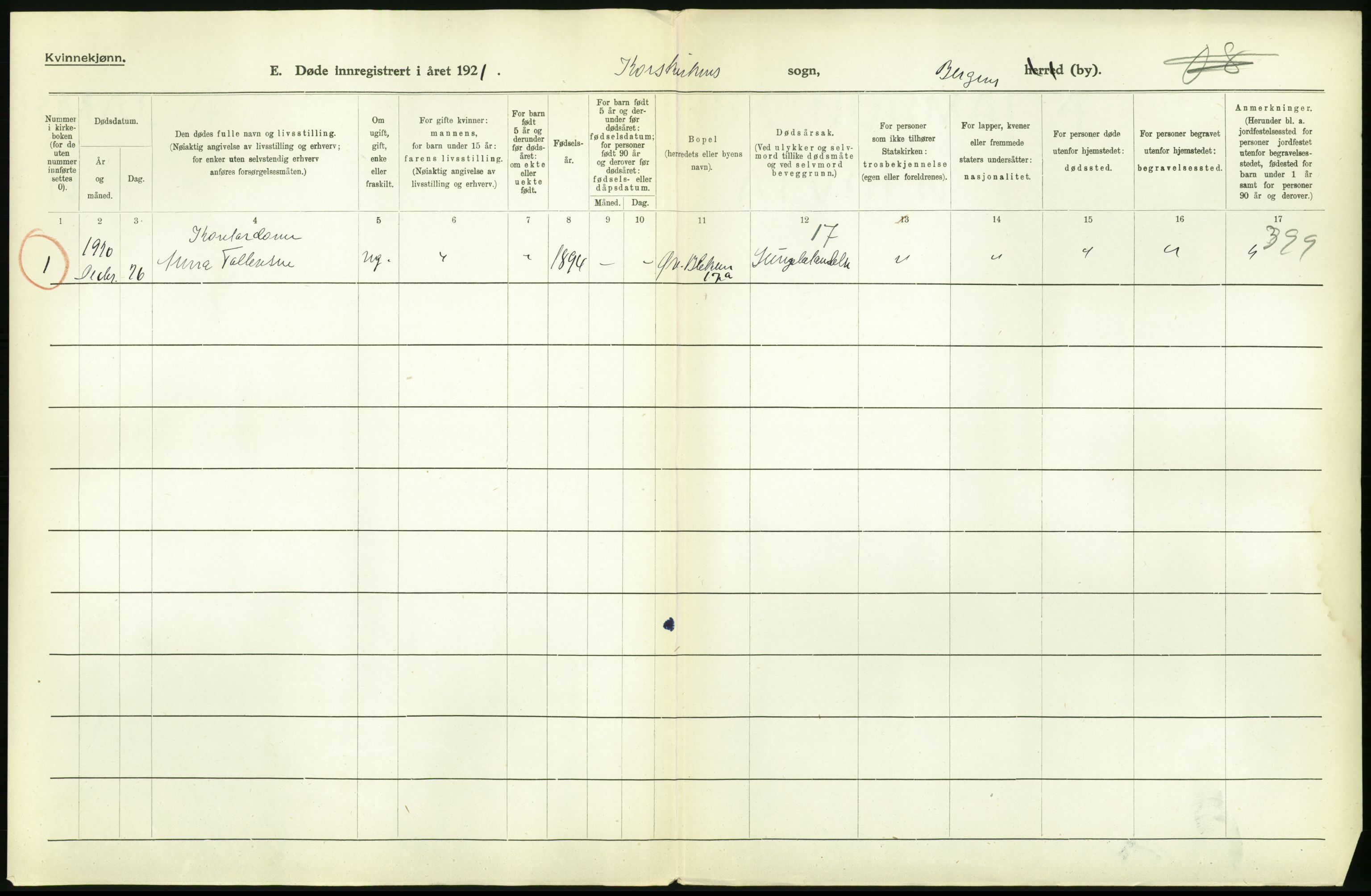 Statistisk sentralbyrå, Sosiodemografiske emner, Befolkning, AV/RA-S-2228/D/Df/Dfc/Dfca/L0036: Bergen: Døde., 1921, s. 228