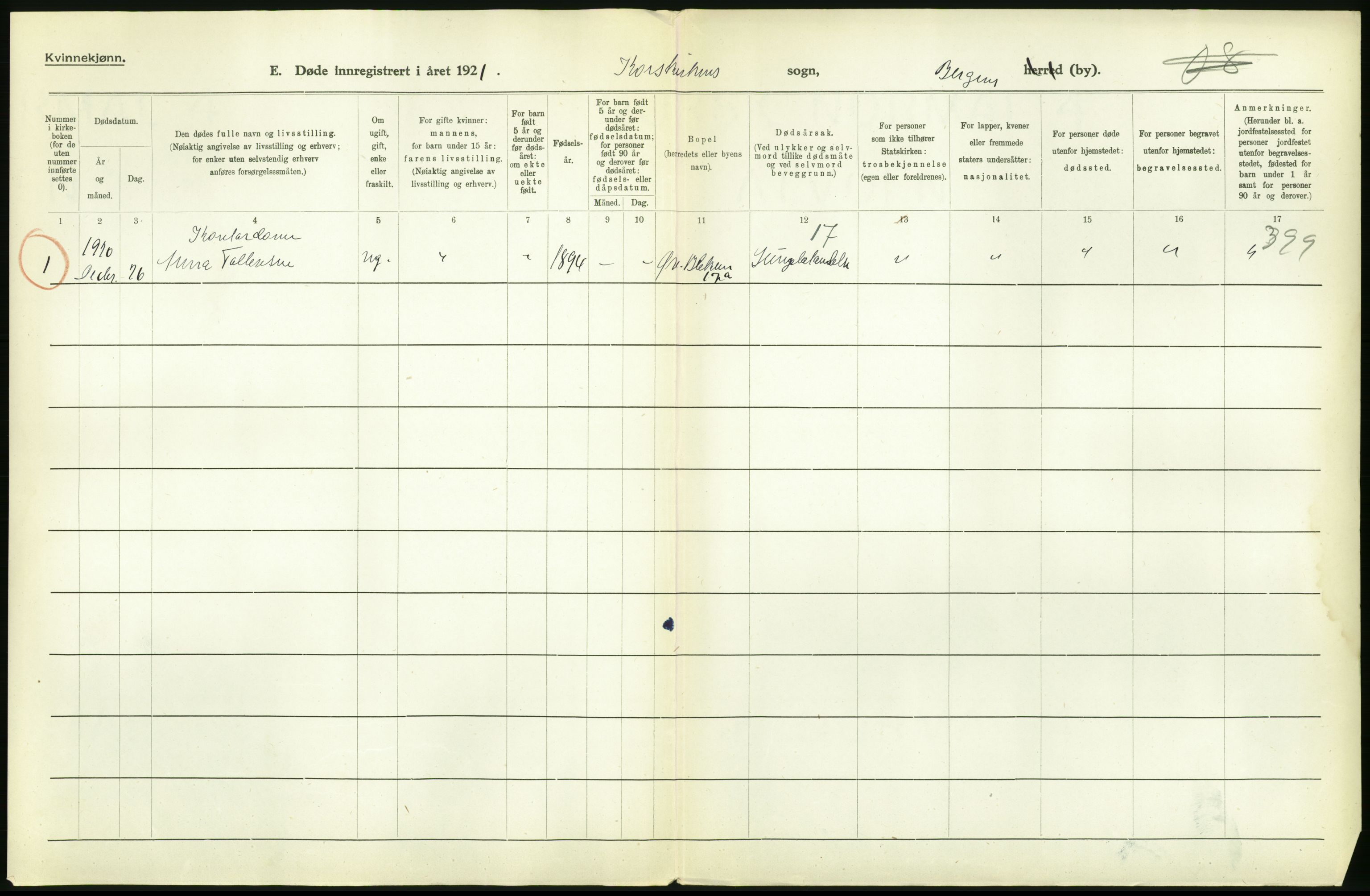 Statistisk sentralbyrå, Sosiodemografiske emner, Befolkning, RA/S-2228/D/Df/Dfc/Dfca/L0036: Bergen: Døde., 1921, s. 228