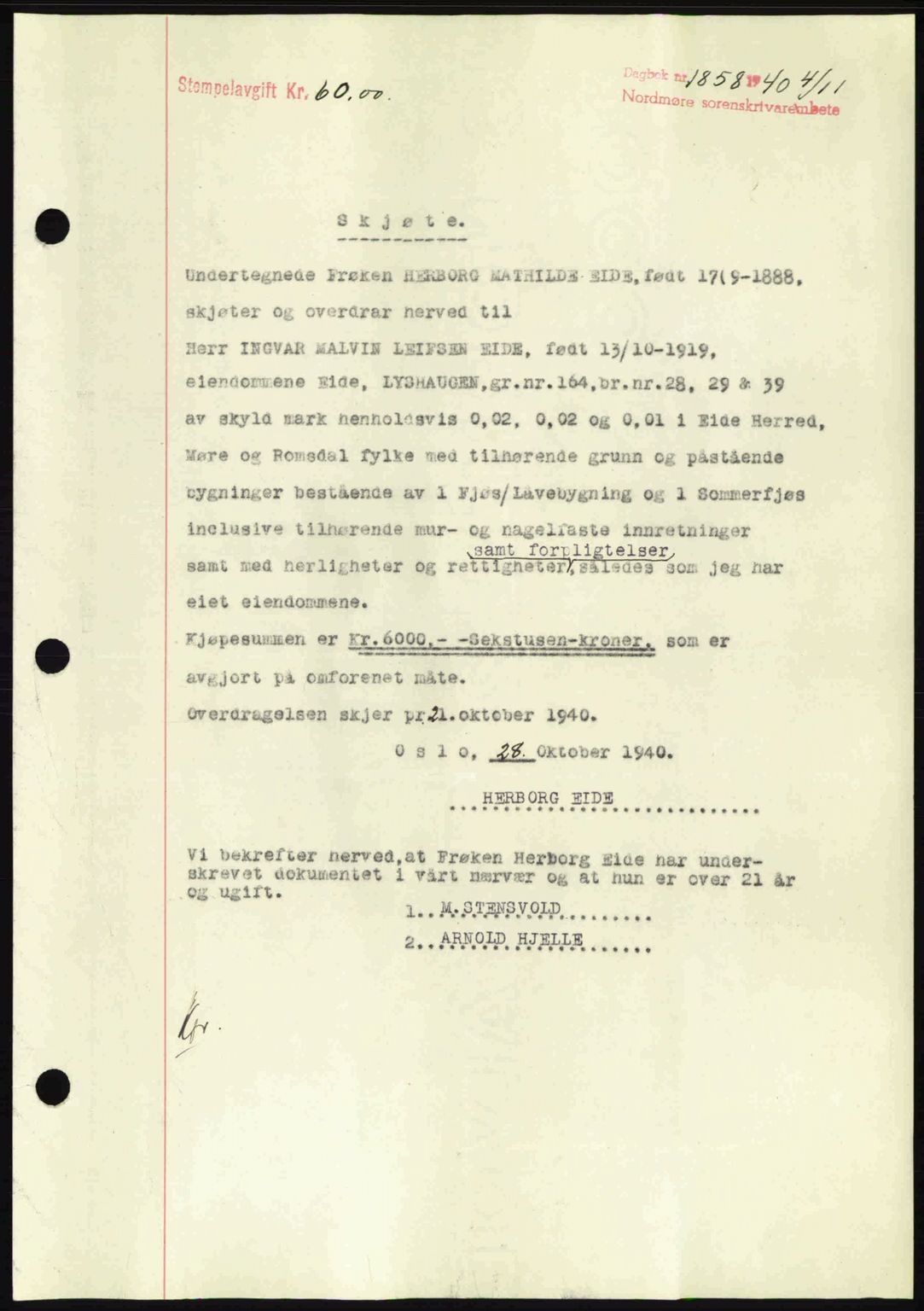 Nordmøre sorenskriveri, SAT/A-4132/1/2/2Ca: Pantebok nr. A89, 1940-1941, Dagboknr: 1858/1940