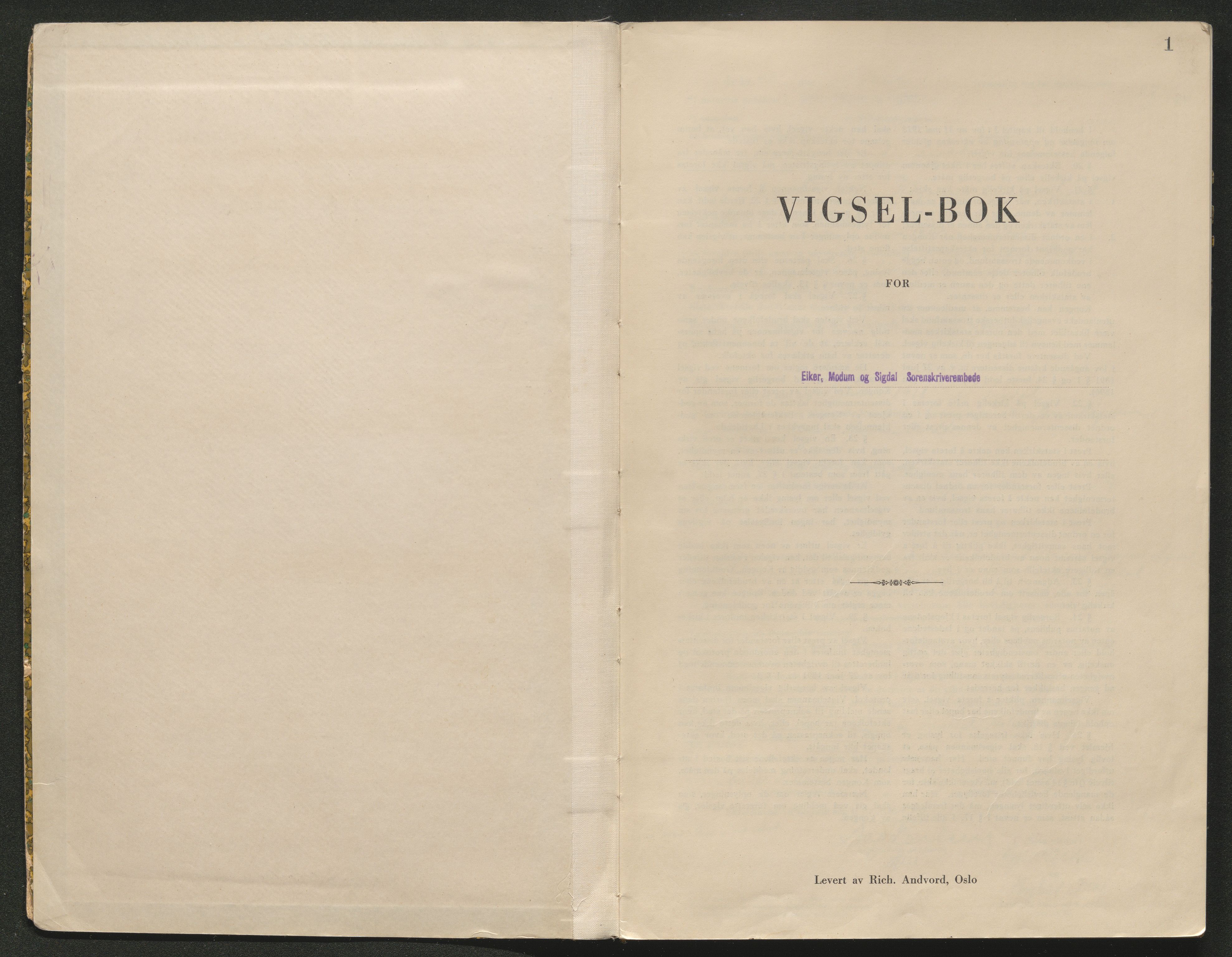 Eiker, Modum og Sigdal sorenskriveri, AV/SAKO-A-123/L/Lc/L0001/0002: Vigselsprotokoll / Vigselprotokoll, 1942-1943, s. 1