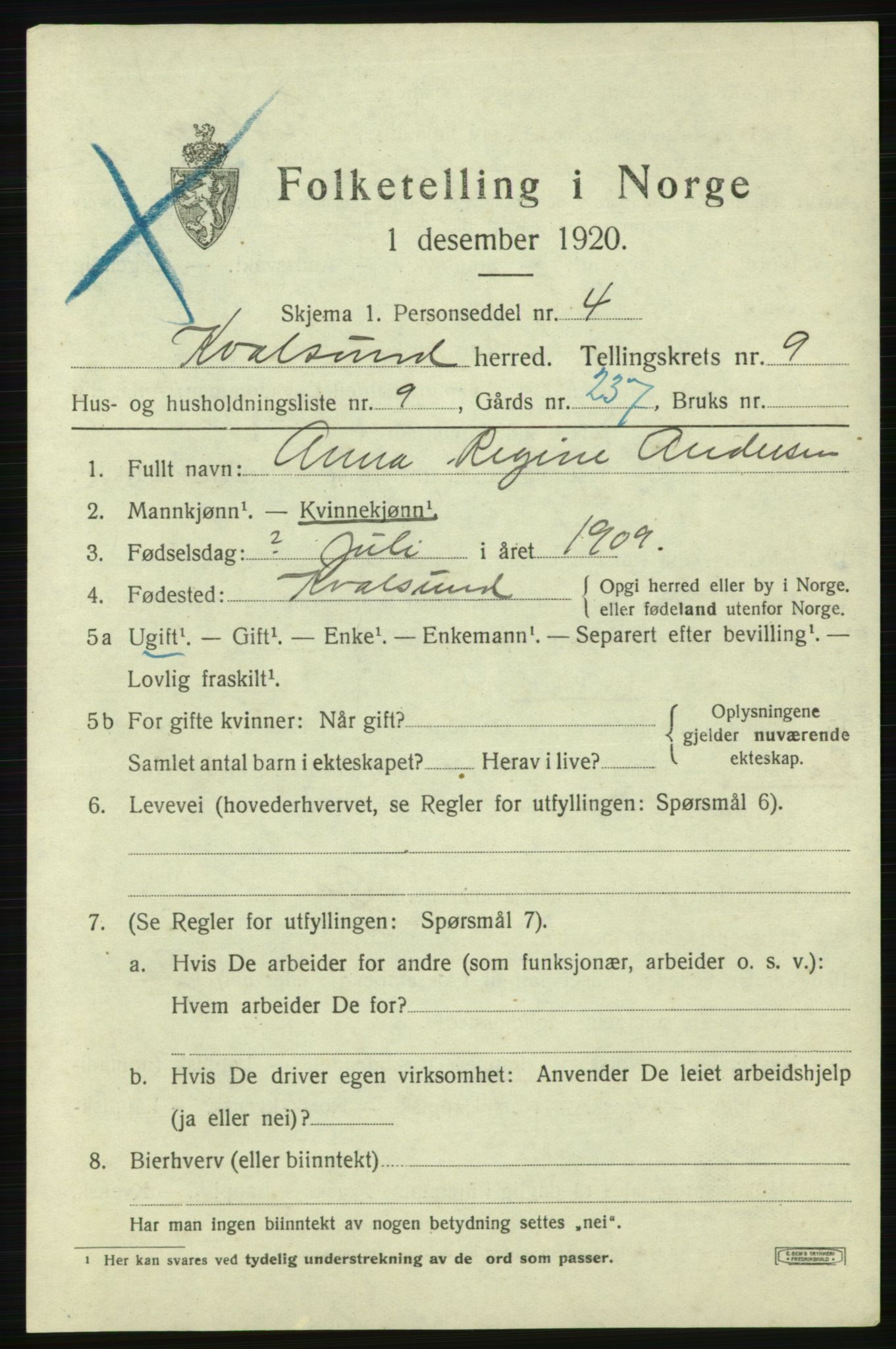 SATØ, Folketelling 1920 for 2017 Kvalsund herred, 1920, s. 2868