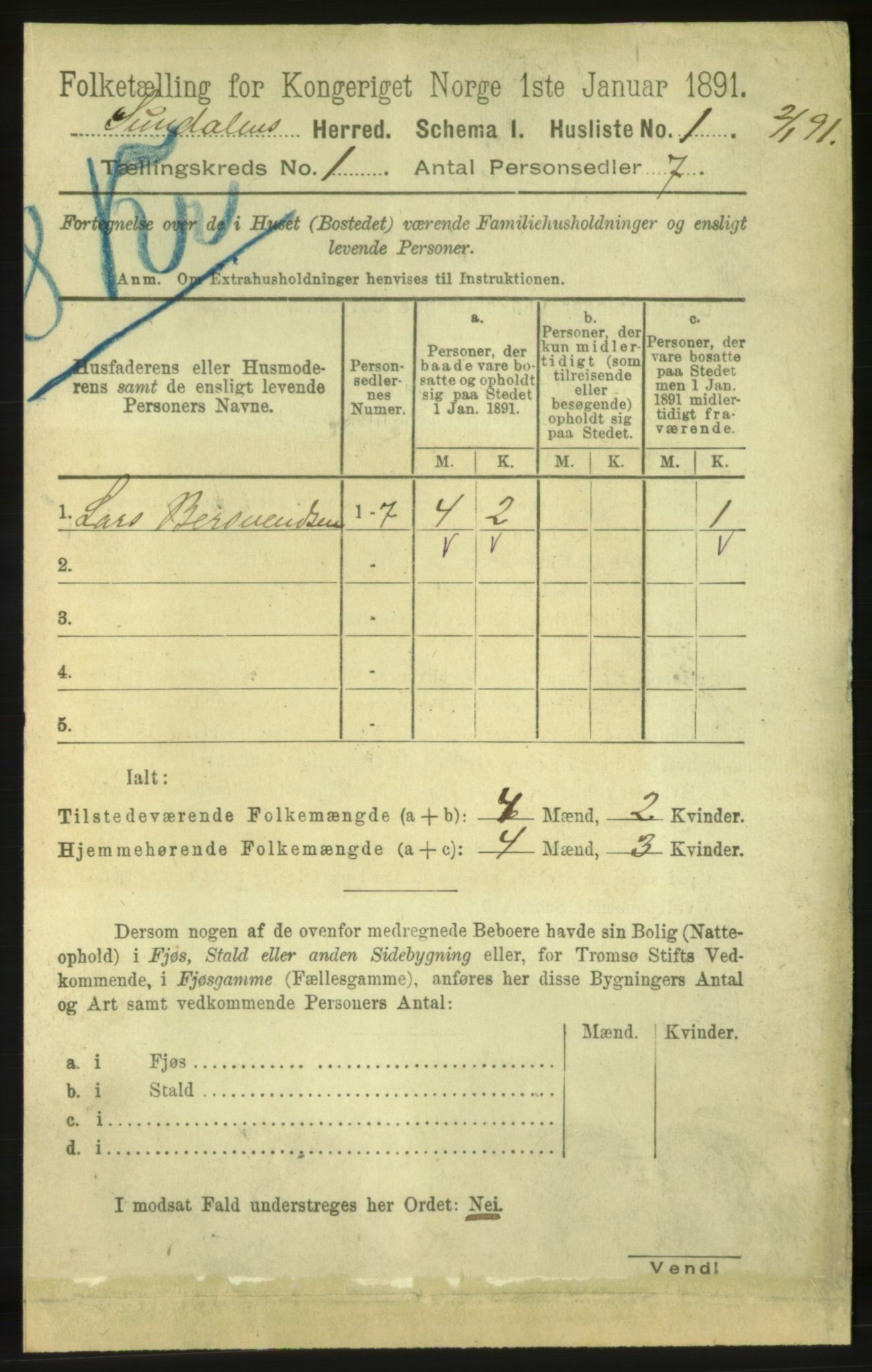 RA, Folketelling 1891 for 1563 Sunndal herred, 1891, s. 22