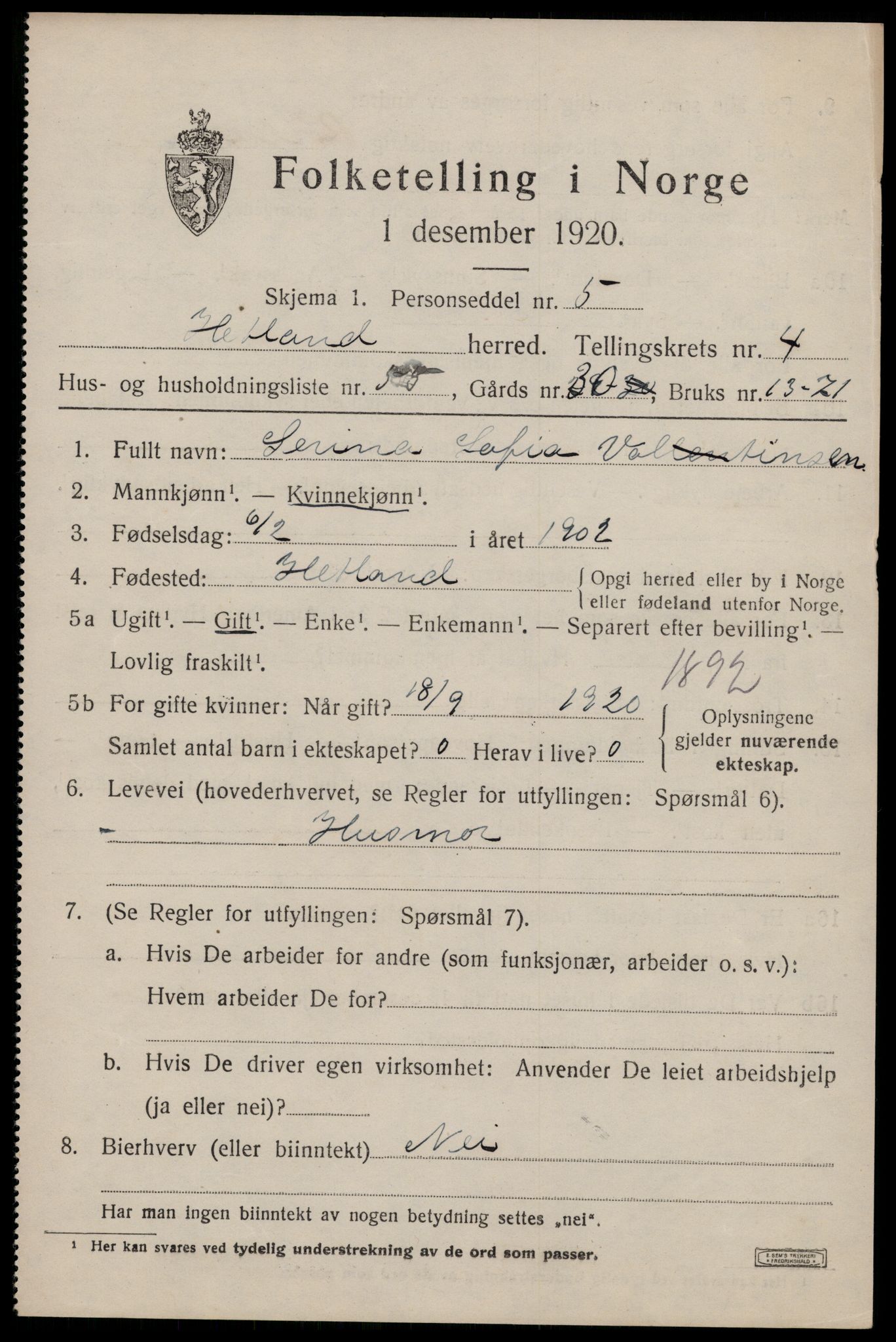 SAST, Folketelling 1920 for 1126 Hetland herred, 1920, s. 6909