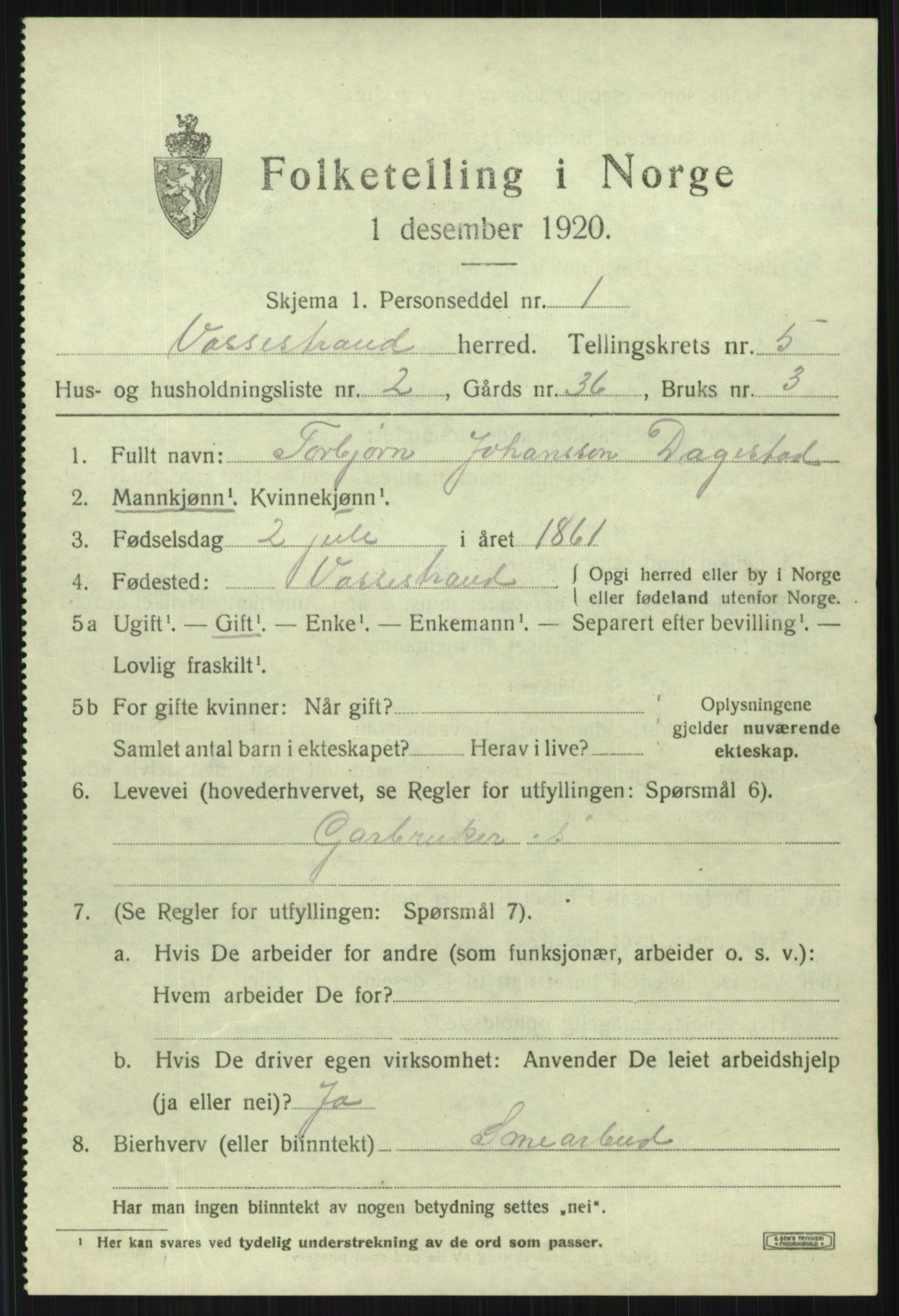 SAB, Folketelling 1920 for 1236 Vossestrand herred, 1920, s. 2376