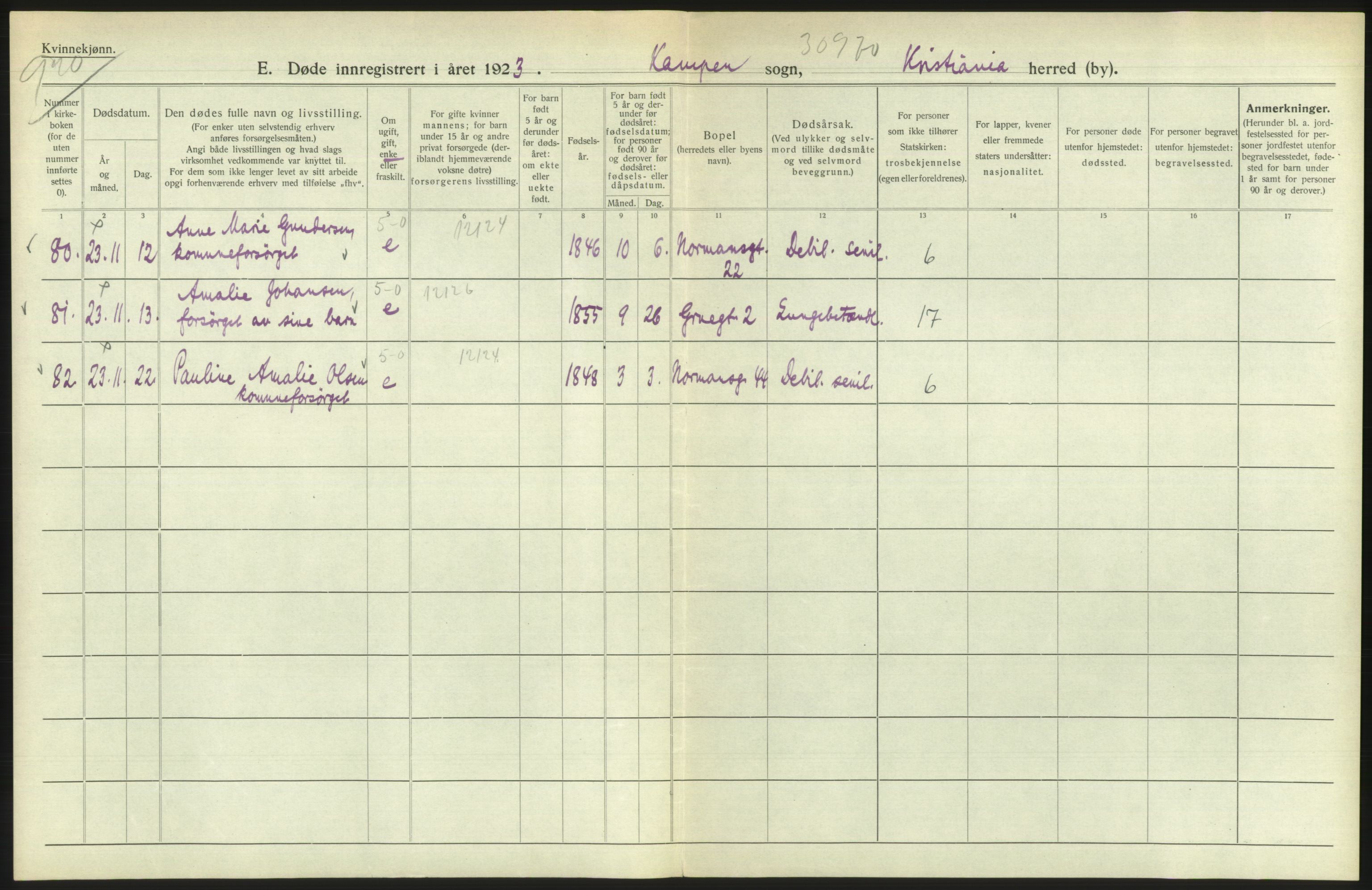 Statistisk sentralbyrå, Sosiodemografiske emner, Befolkning, AV/RA-S-2228/D/Df/Dfc/Dfcc/L0010: Kristiania: Døde, dødfødte, 1923, s. 262