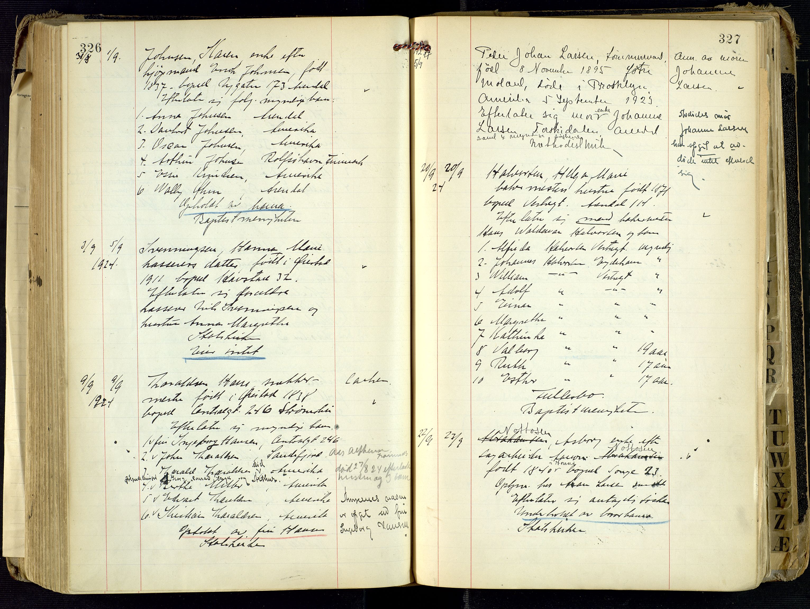 Arendal byfogd, SAK/1222-0001/H/Ha/L0004: Dødsfallsprotokoll, 1917-1926, s. 326-327