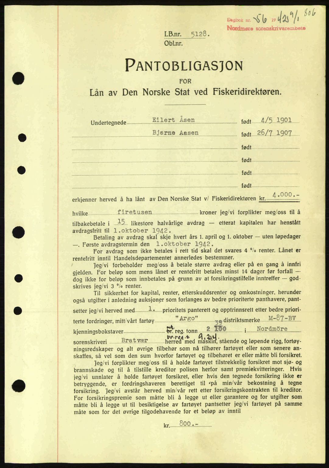Nordmøre sorenskriveri, SAT/A-4132/1/2/2Ca: Pantebok nr. B88, 1941-1942, Dagboknr: 56/1942