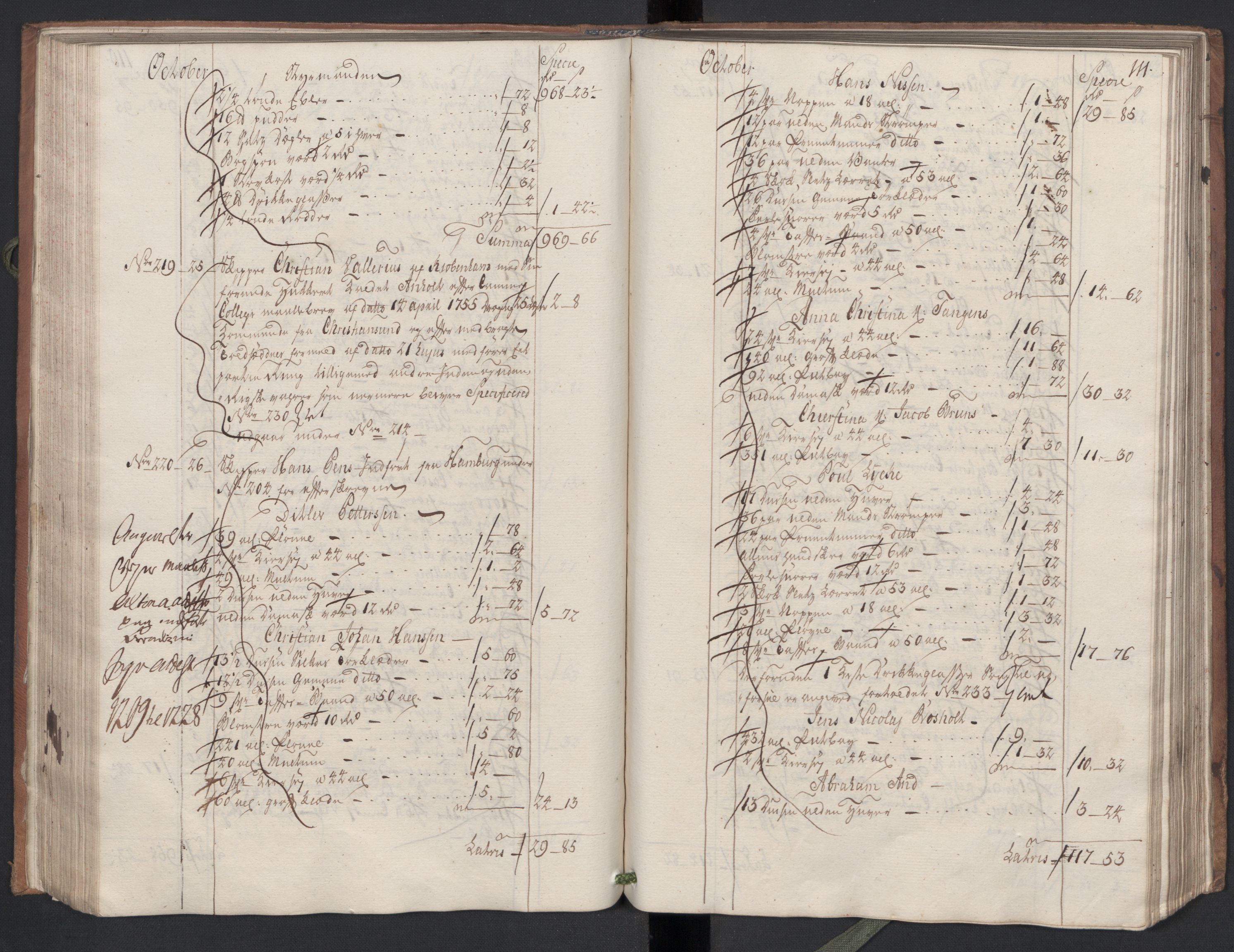 Generaltollkammeret, tollregnskaper, AV/RA-EA-5490/R33/L0047/0001: Tollregnskaper Trondheim A / Inngående hovedtollbok, 1756, s. 110b-111a