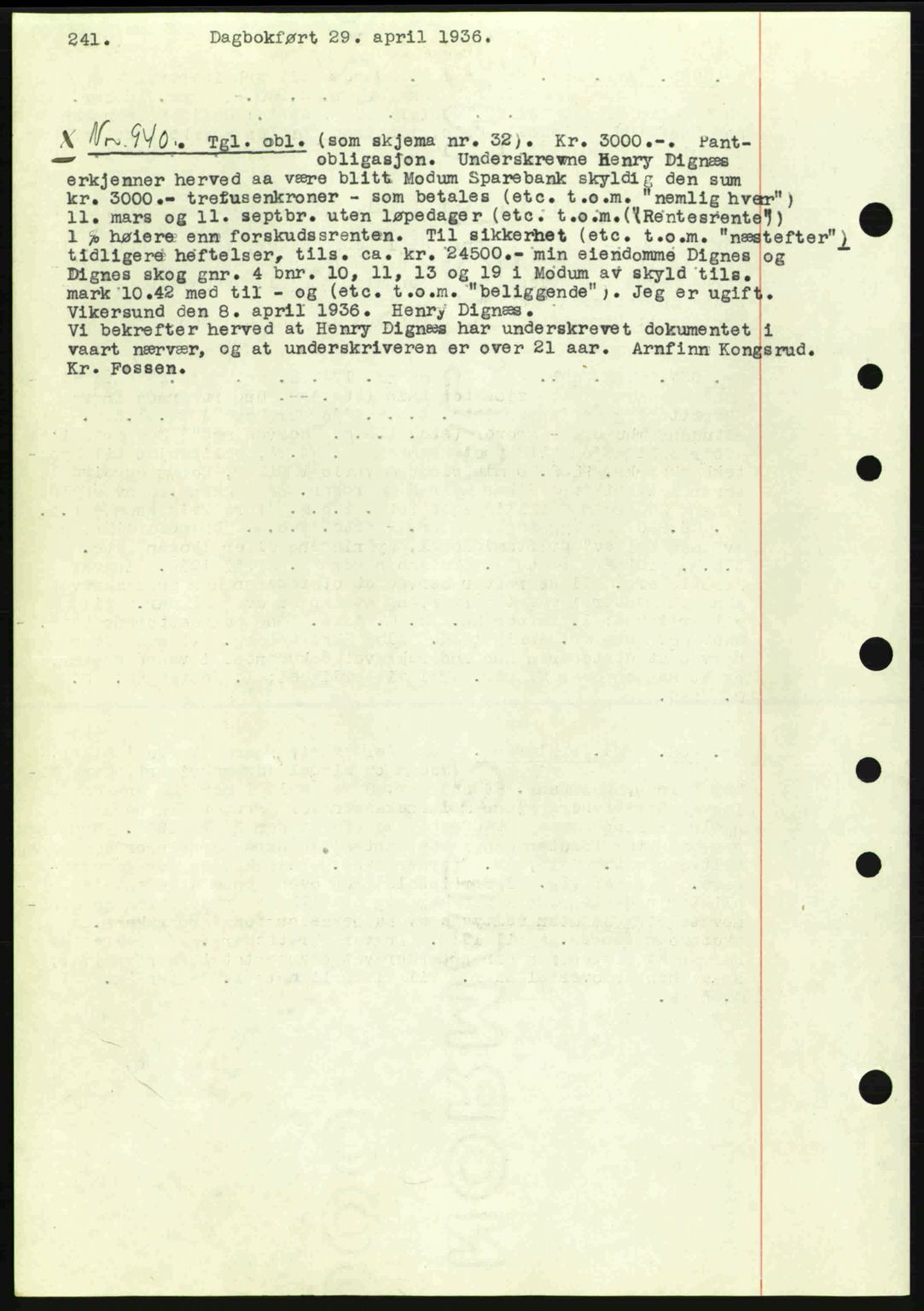 Eiker, Modum og Sigdal sorenskriveri, SAKO/A-123/G/Ga/Gab/L0032: Pantebok nr. A2, 1936-1936, Dagboknr: 940/1936