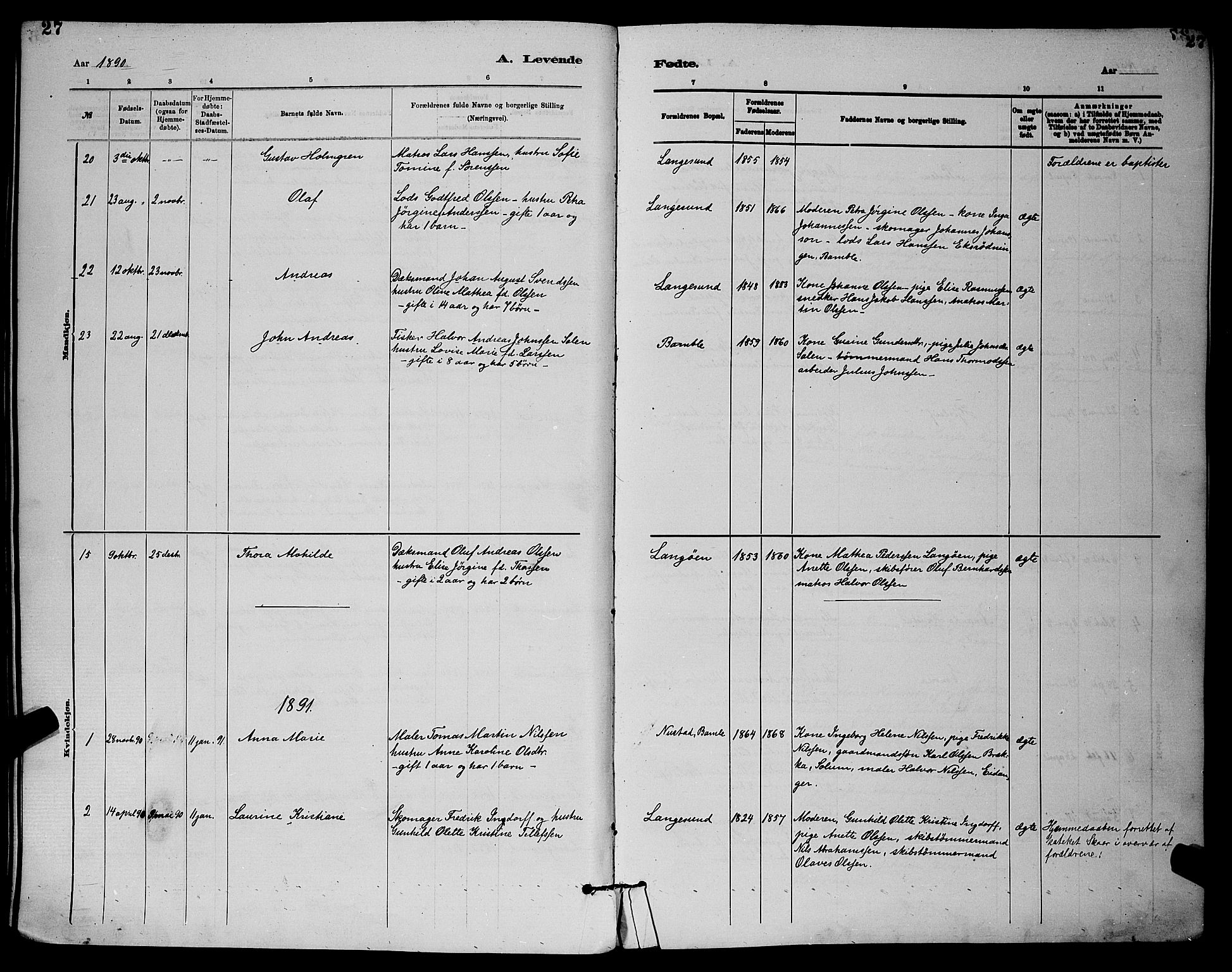 Langesund kirkebøker, AV/SAKO-A-280/G/Ga/L0005: Klokkerbok nr. 5, 1884-1898, s. 27