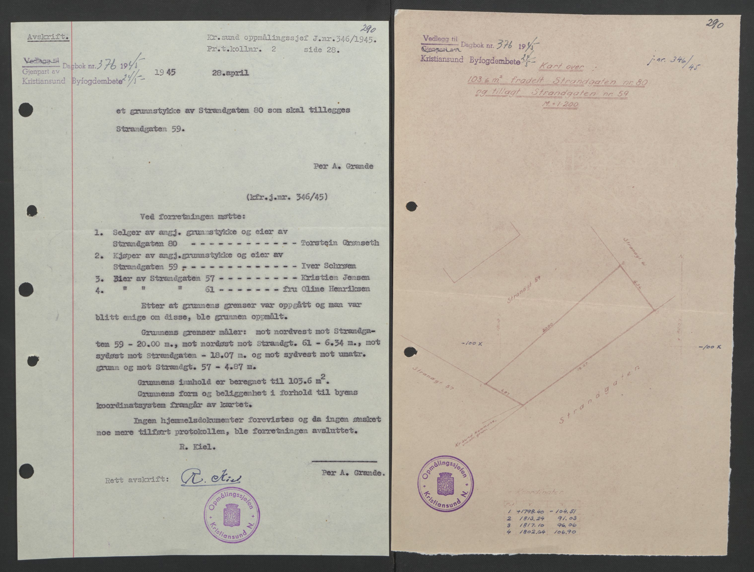 Kristiansund byfogd, AV/SAT-A-4587/A/27: Pantebok nr. 37, 1942-1945, Dagboknr: 376/1945