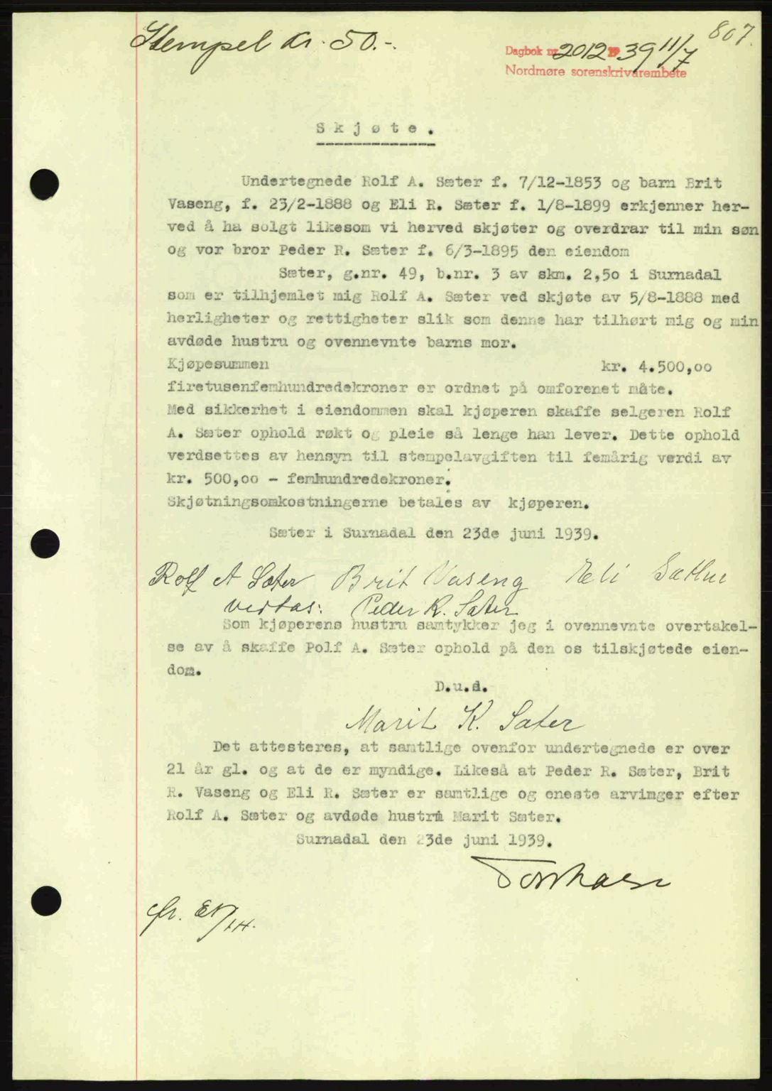 Nordmøre sorenskriveri, SAT/A-4132/1/2/2Ca: Pantebok nr. A86, 1939-1939, Dagboknr: 2012/1939