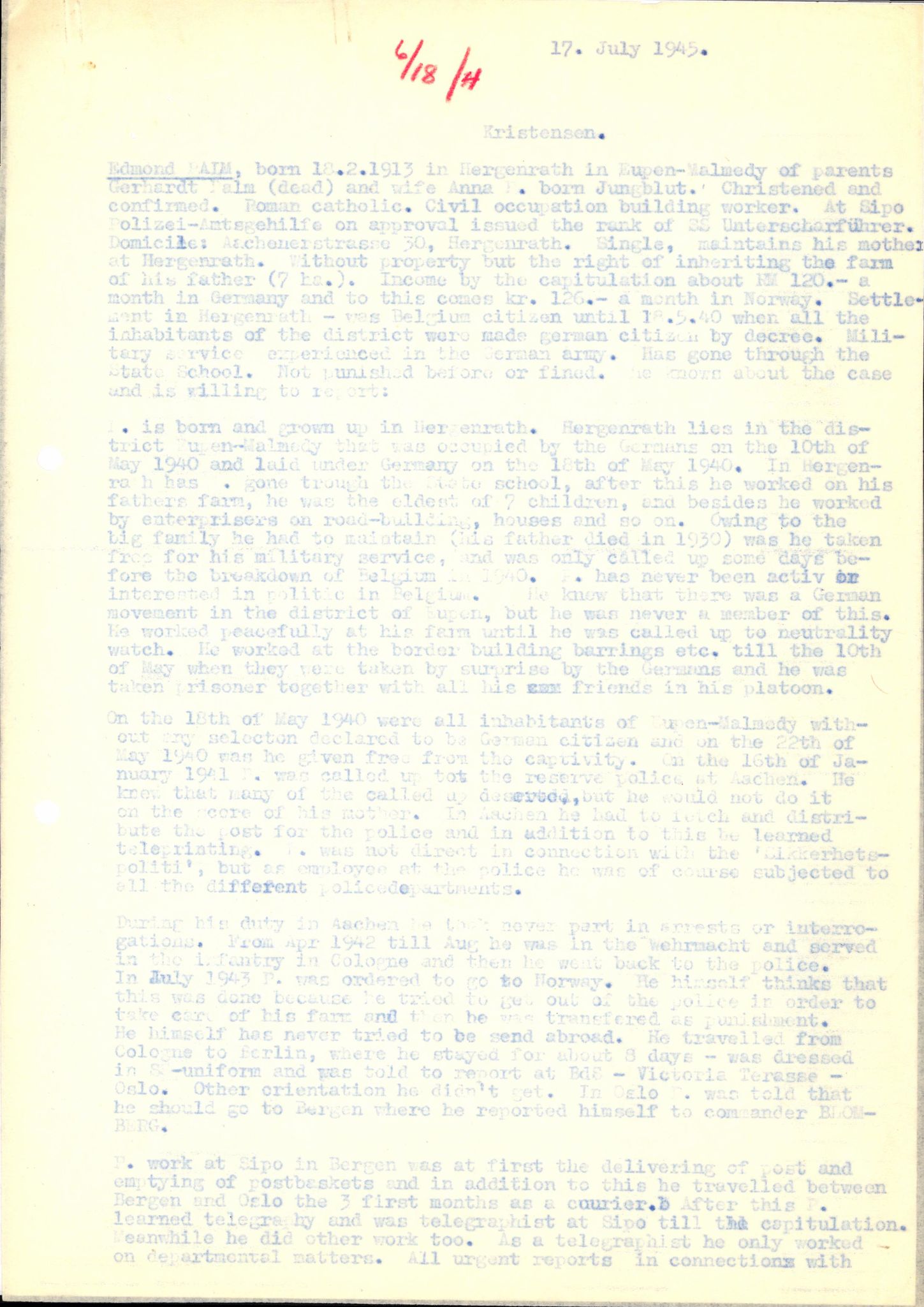 Forsvaret, Forsvarets overkommando II, AV/RA-RAFA-3915/D/Db/L0041: CI Questionaires.  Diverse nasjonaliteter., 1945-1946, s. 9