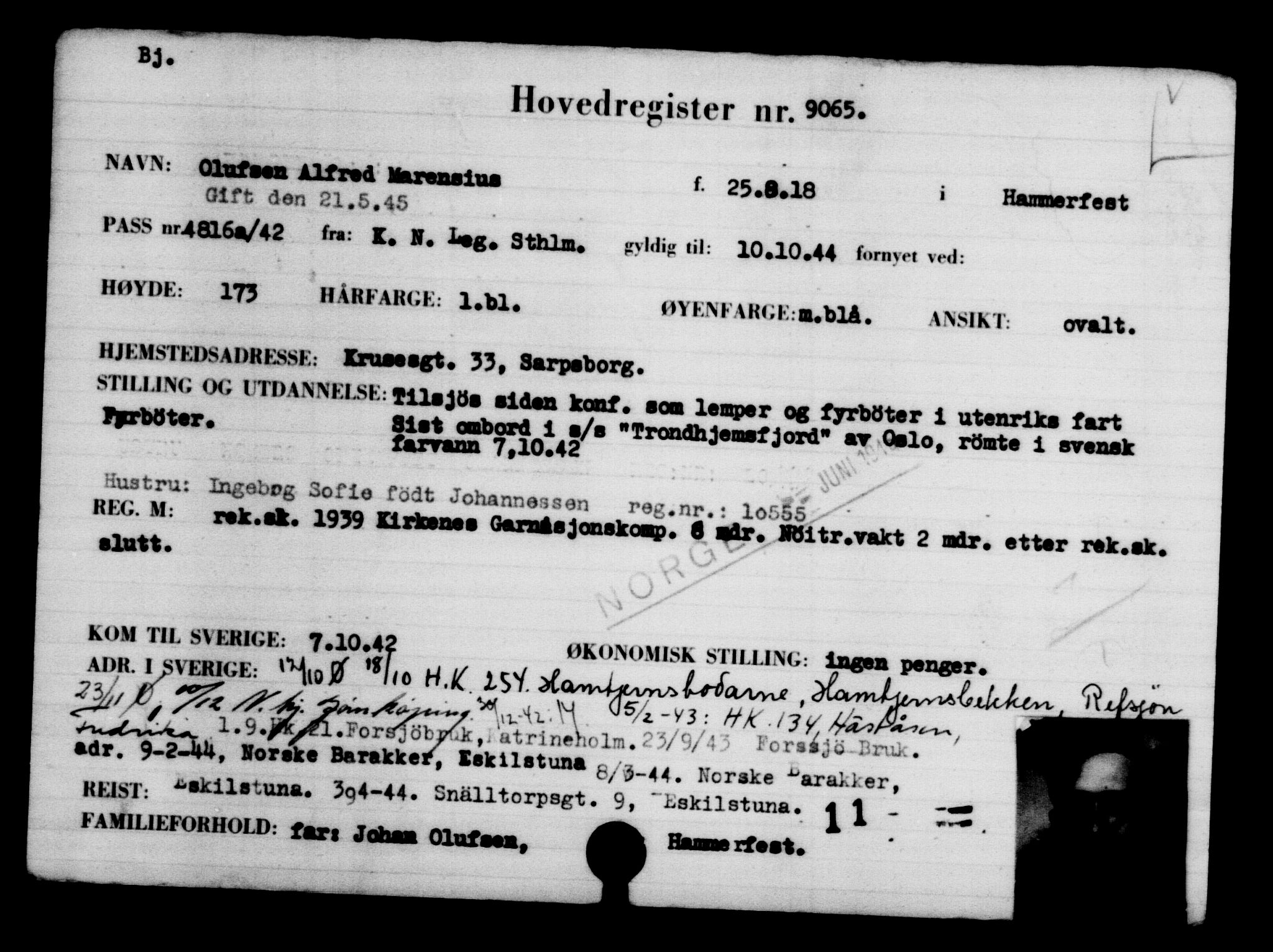 Utenriksstasjonene, Legasjonen i Stockholm, Flyktningkontoret, AV/RA-S-6753/V/Va/L0005: Kjesäterkartoteket, flyktninger med registreringsnr. 6600-9417, 1940-1945, s. 2902