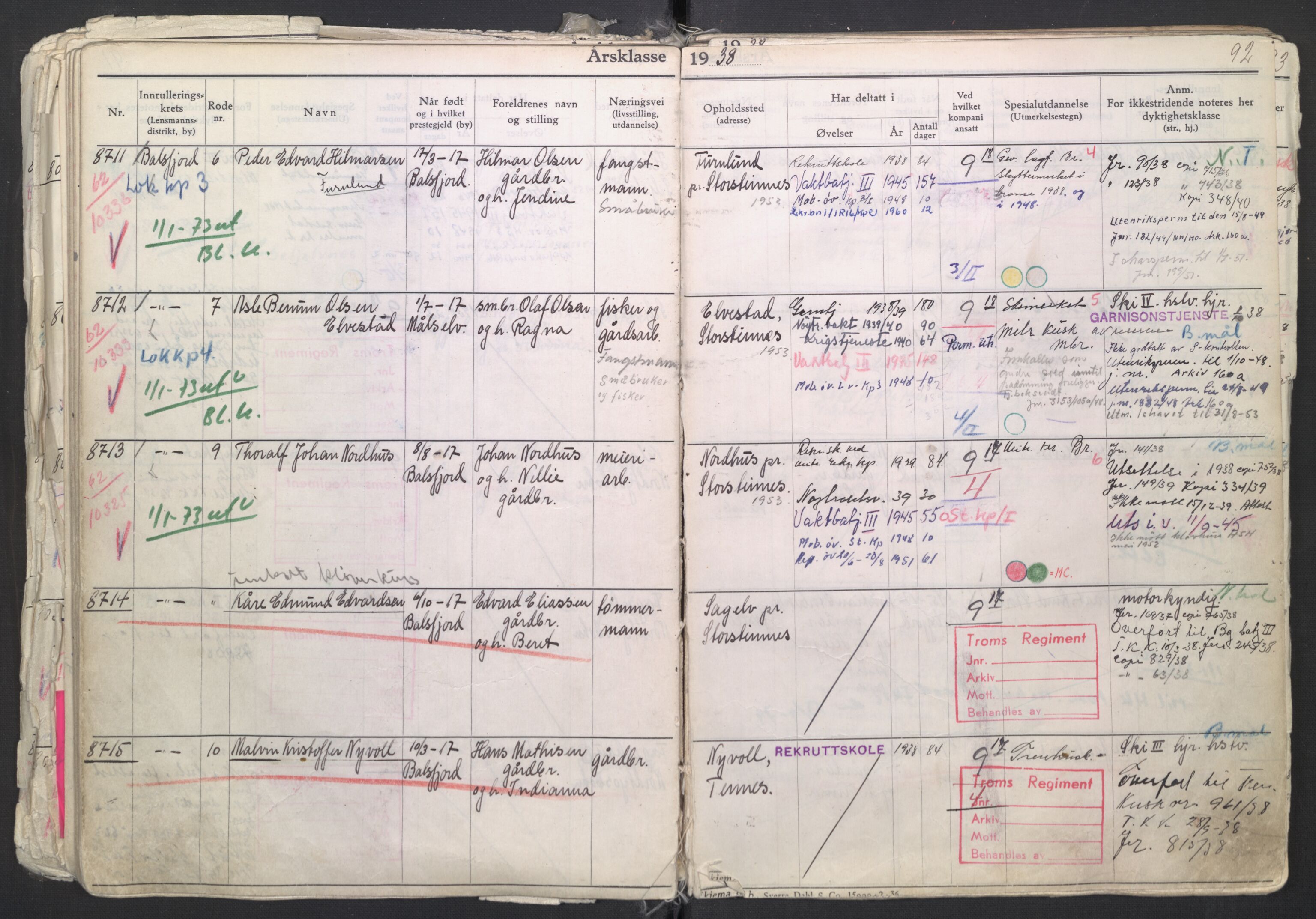 Forsvaret, Troms infanteriregiment nr. 16, AV/RA-RAFA-3146/P/Pa/L0007/0003: Ruller / Rulle for regimentets menige mannskaper, årsklasse 1938, 1938, s. 92