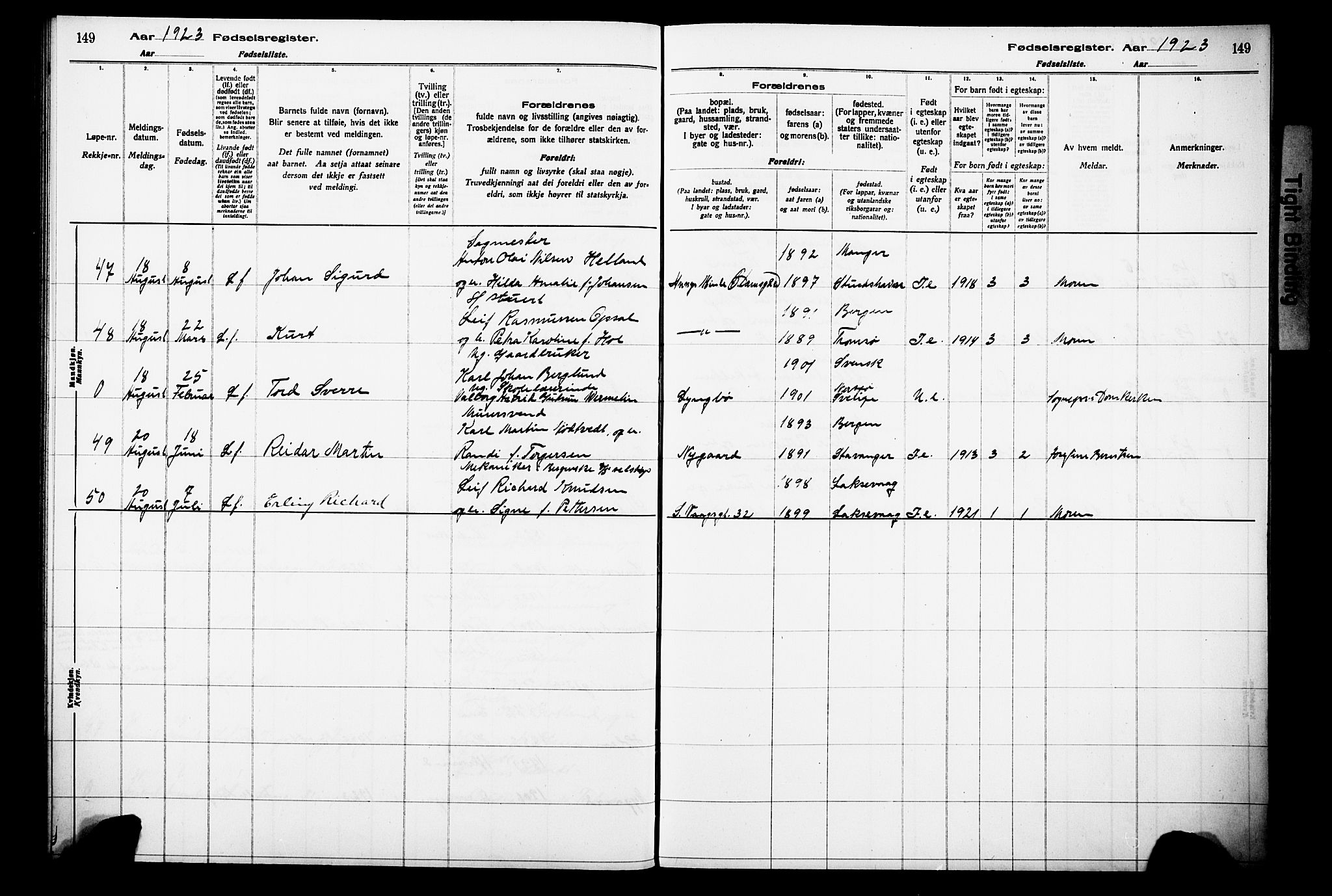 Laksevåg Sokneprestembete, AV/SAB-A-76501/I/Id/L00A1: Fødselsregister nr. A 1, 1916-1926, s. 149