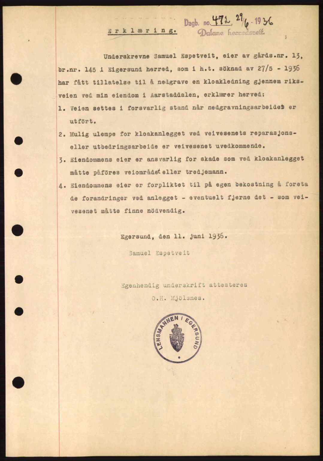Dalane sorenskriveri, SAST/A-100309/02/G/Gb/L0040: Pantebok nr. A1, 1936-1936, Dagboknr: 472/1936