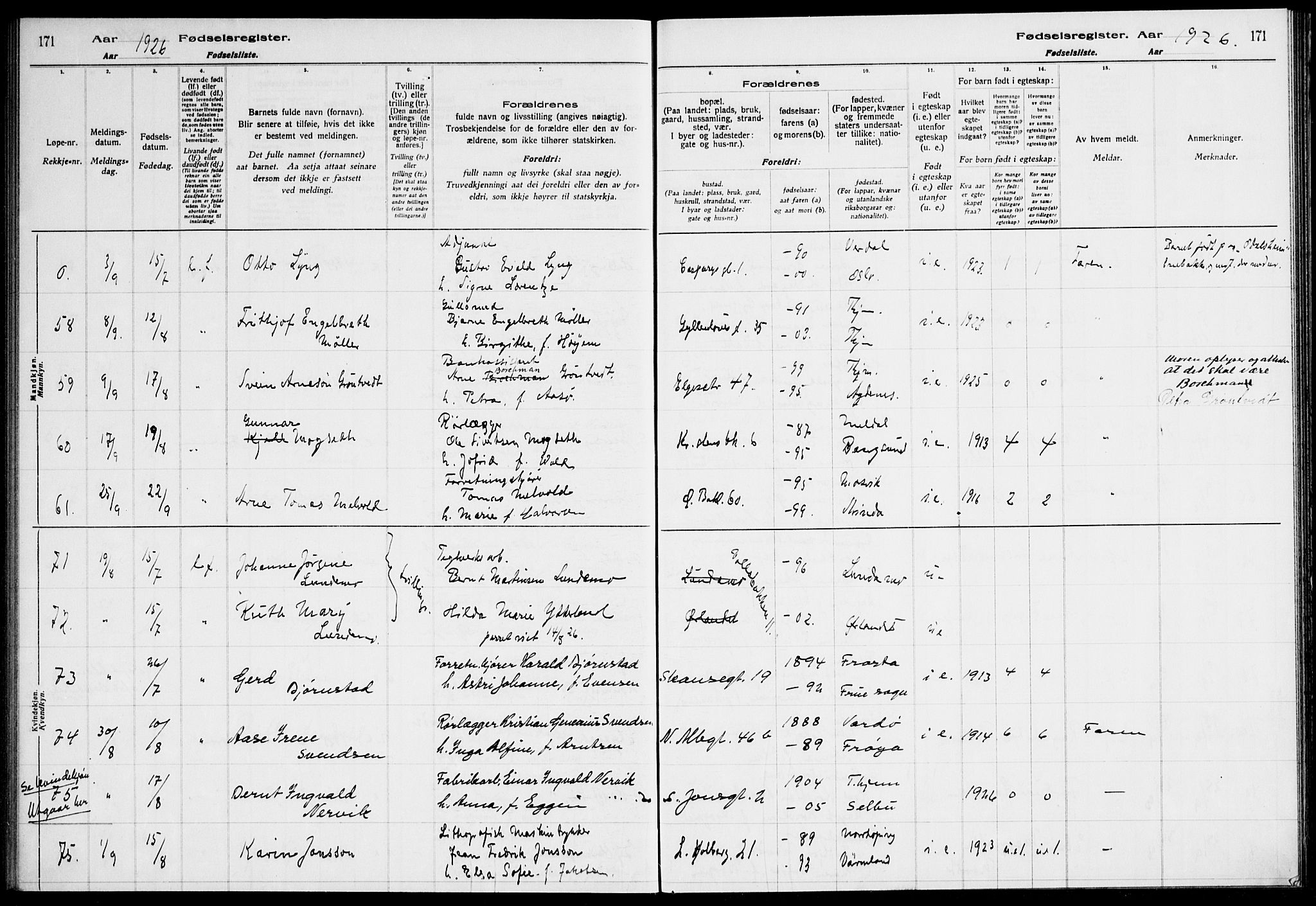 Ministerialprotokoller, klokkerbøker og fødselsregistre - Sør-Trøndelag, AV/SAT-A-1456/604/L0233: Fødselsregister nr. 604.II.4.2, 1920-1928, s. 171