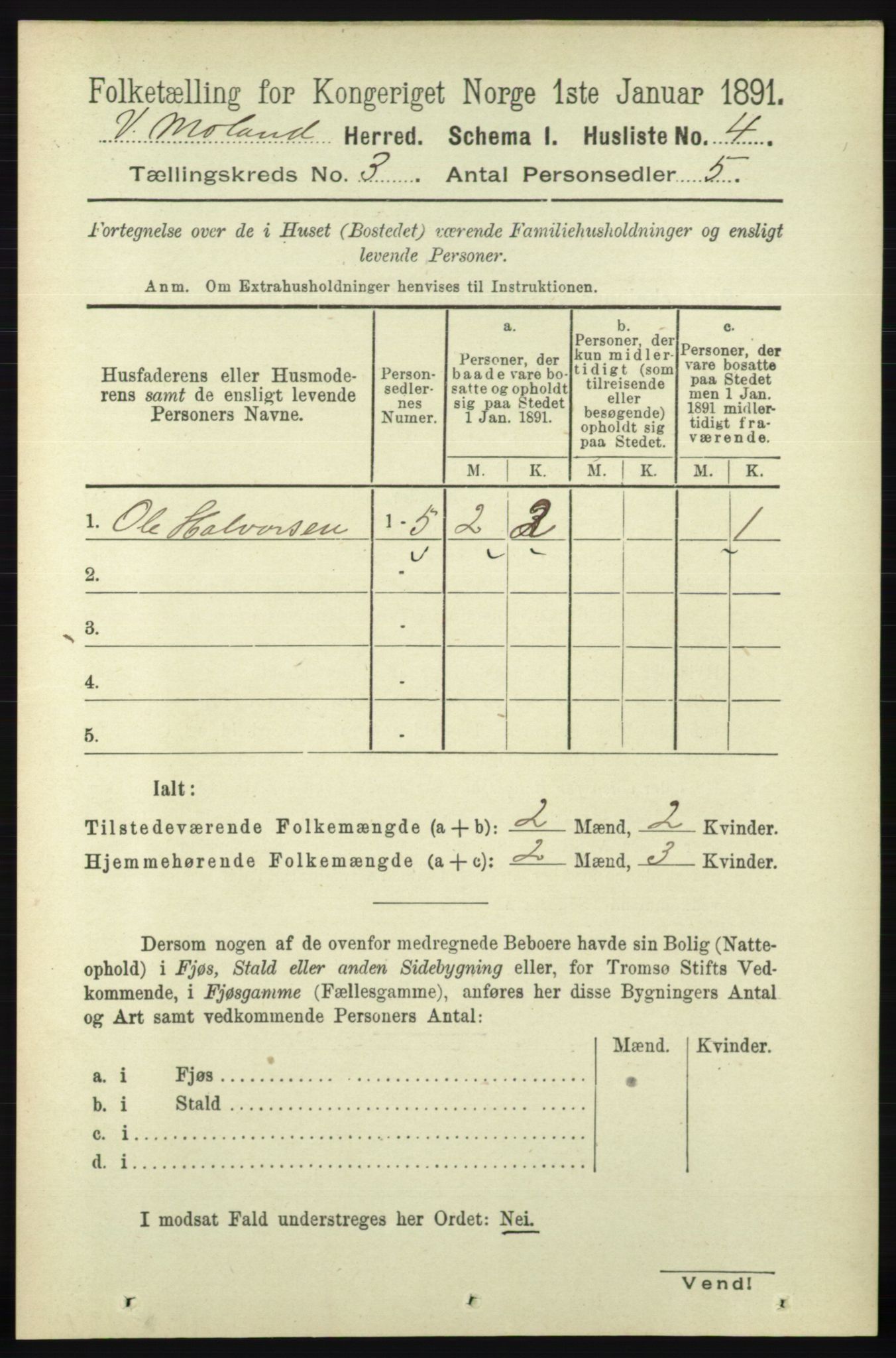 RA, Folketelling 1891 for 0926 Vestre Moland herred, 1891, s. 925