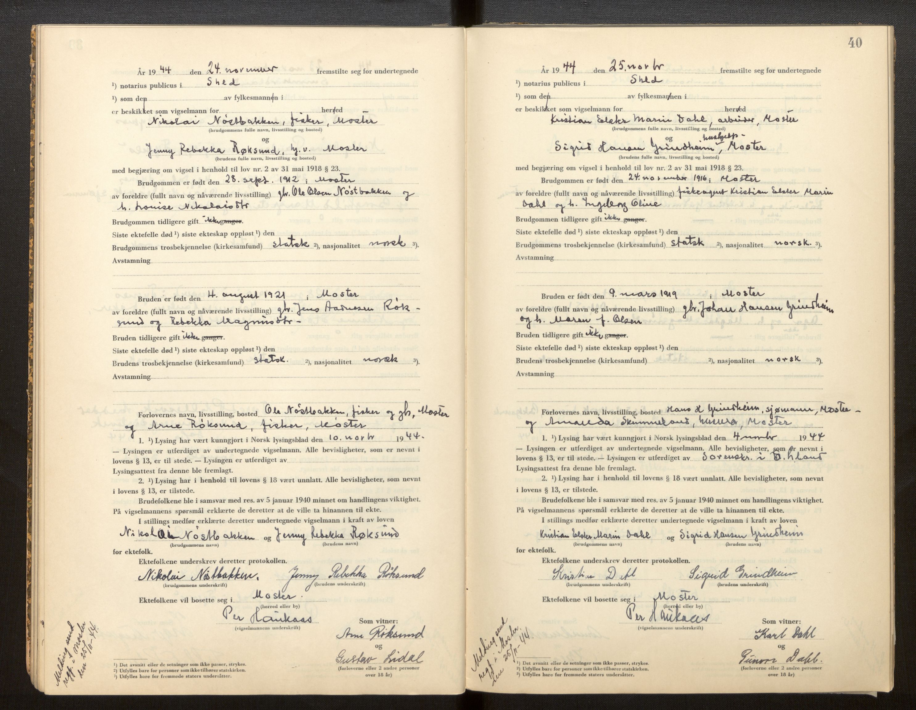 Sunnhordland sorenskrivar, AV/SAB-A-2401/2/I/Ia/L0002: Vigselsbok, 1943-1969, s. 39b-40a