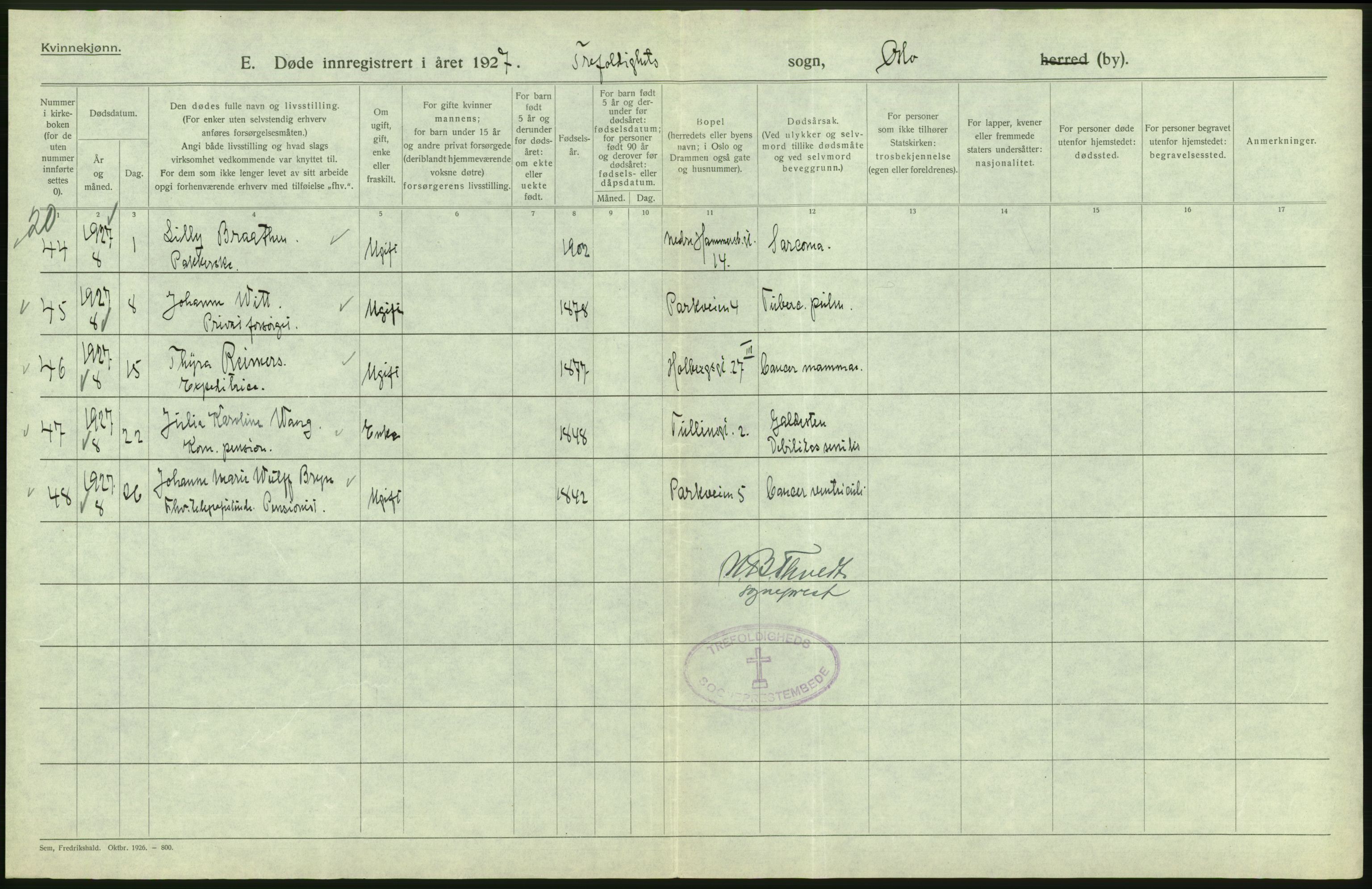 Statistisk sentralbyrå, Sosiodemografiske emner, Befolkning, AV/RA-S-2228/D/Df/Dfc/Dfcg/L0010: Oslo: Døde kvinner, dødfødte, 1927, s. 206