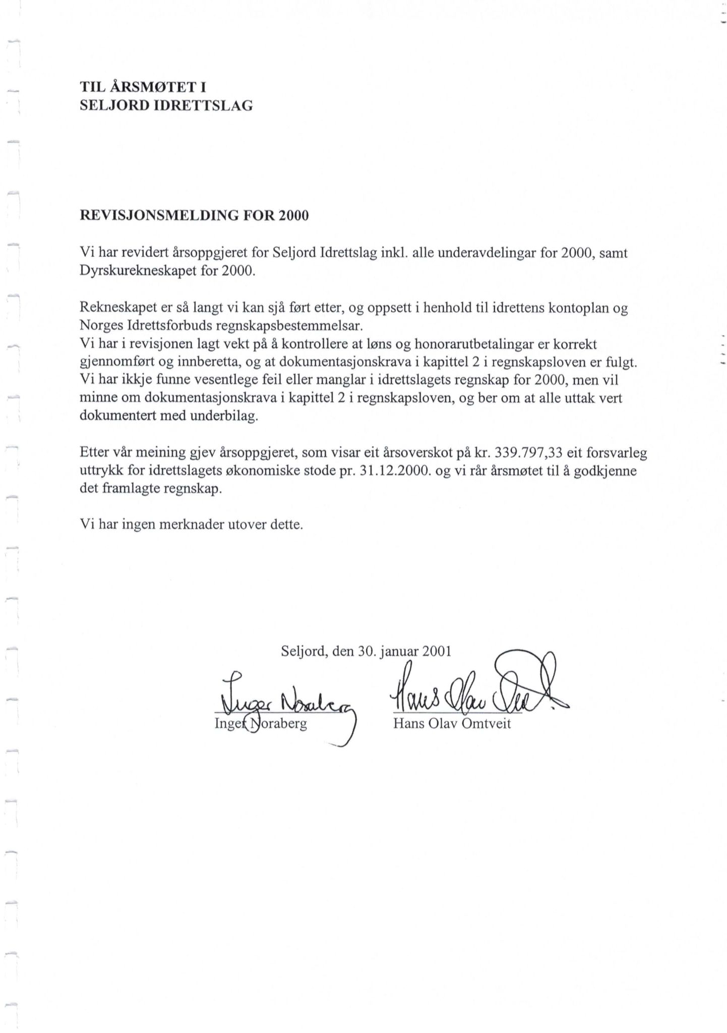 Seljord Idrettslag, VTM/A-1034/A/Ab/L0003: Årsmeldingar, 2000
