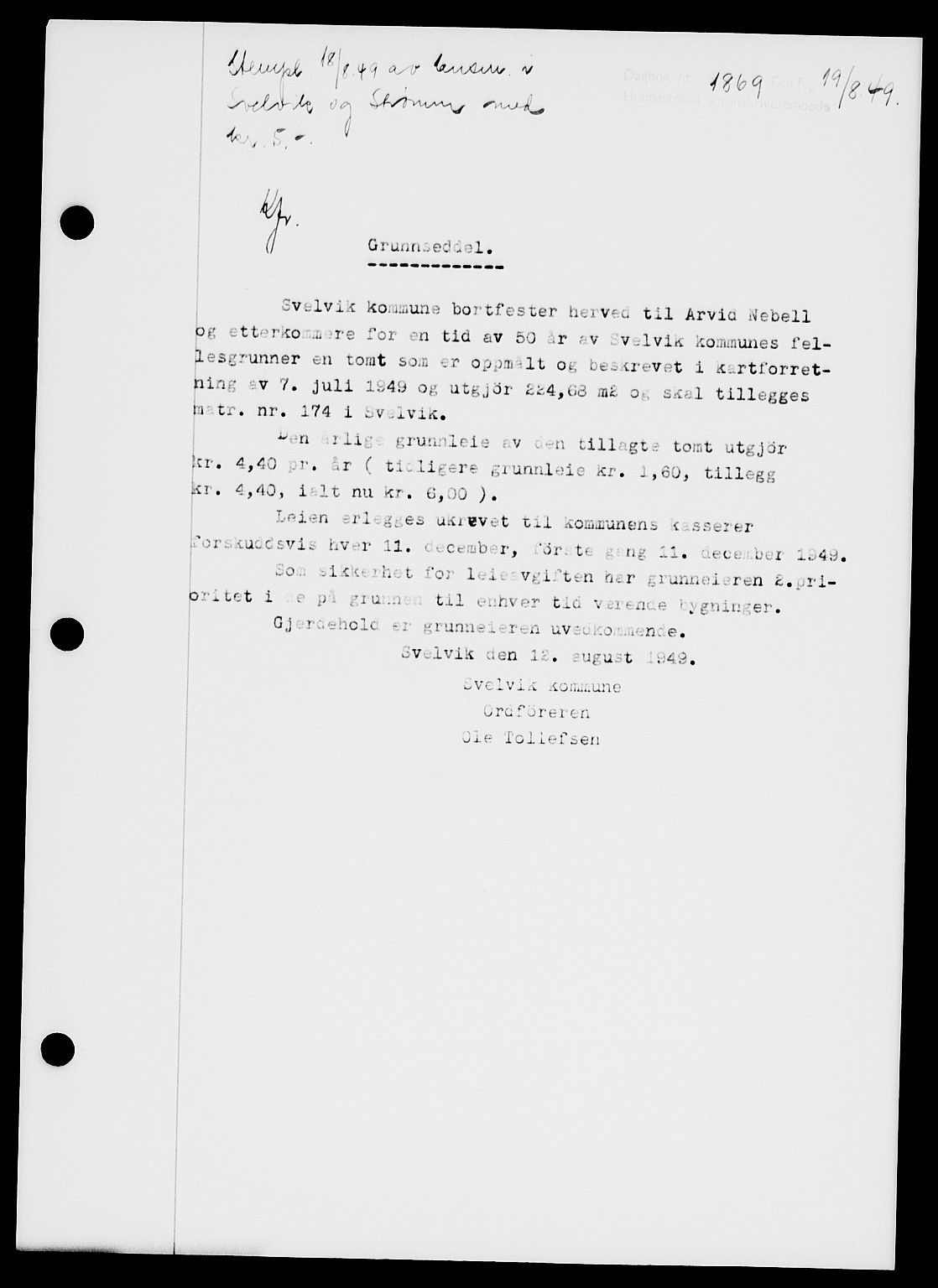 Holmestrand sorenskriveri, SAKO/A-67/G/Ga/Gaa/L0067: Pantebok nr. A-67, 1949-1949, Dagboknr: 1869/1949