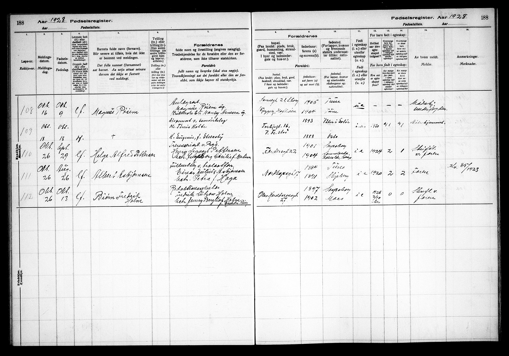 Sarpsborg prestekontor Kirkebøker, AV/SAO-A-2006/J/Ja/L0002: Fødselsregister nr. 2, 1922-1928, s. 188
