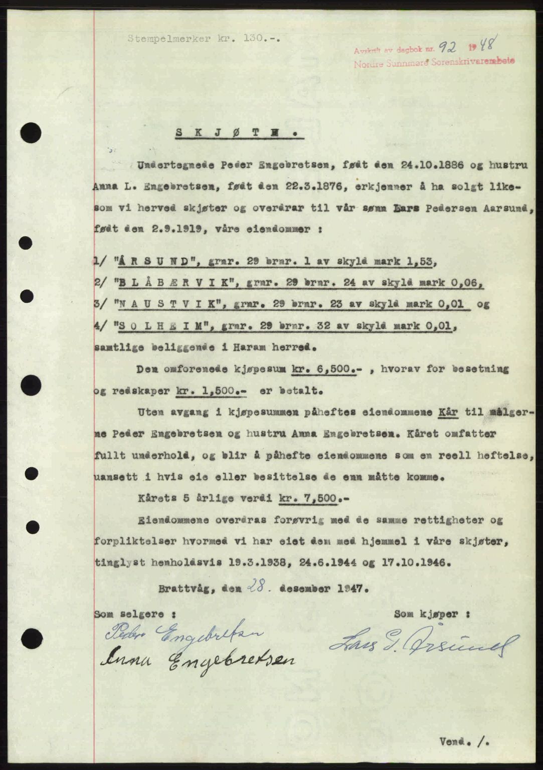 Nordre Sunnmøre sorenskriveri, AV/SAT-A-0006/1/2/2C/2Ca: Pantebok nr. A26, 1947-1948, Dagboknr: 92/1948