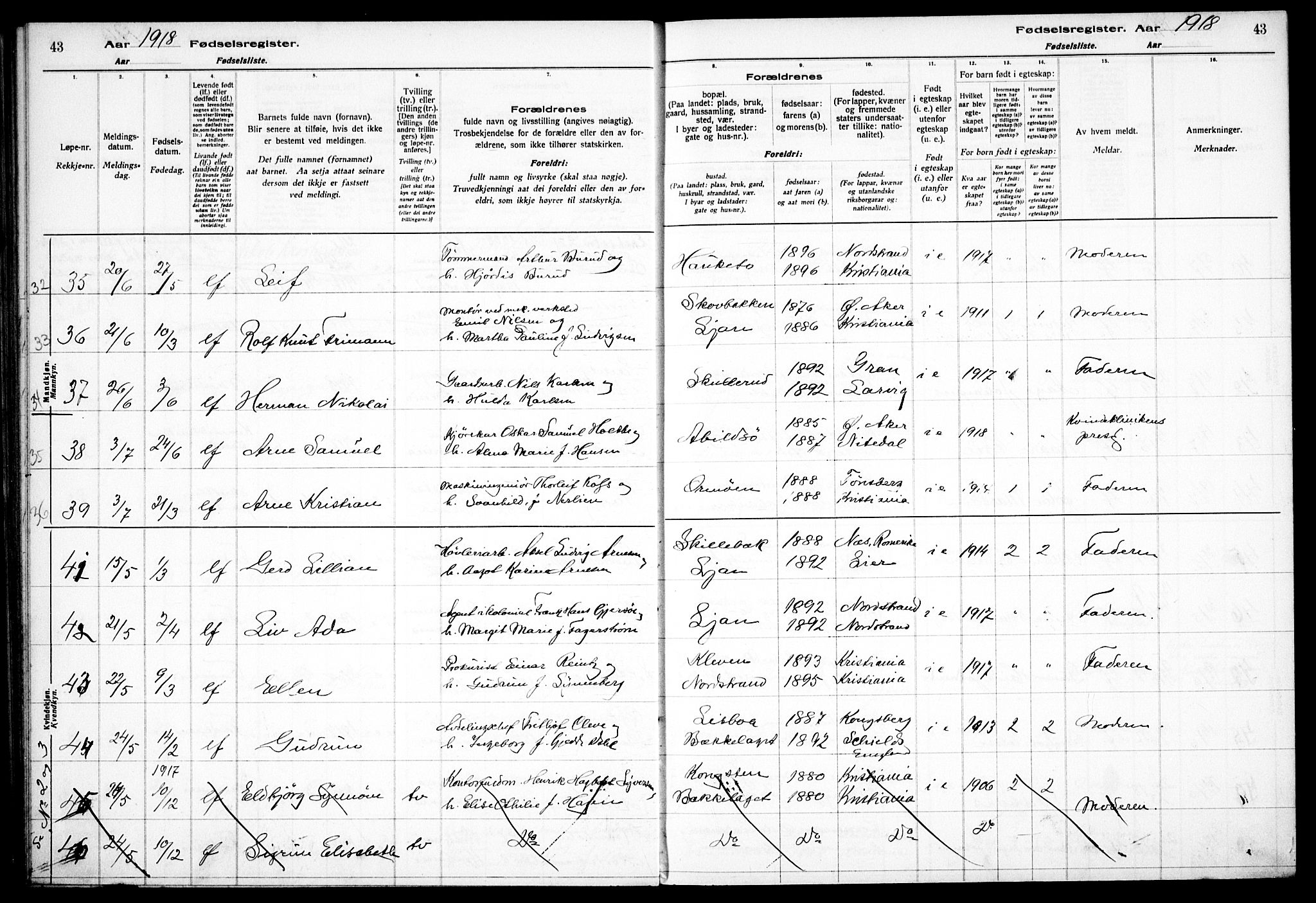 Nordstrand prestekontor Kirkebøker, AV/SAO-A-10362a/J/Ja/L0001: Fødselsregister nr. I 1, 1916-1924, s. 43