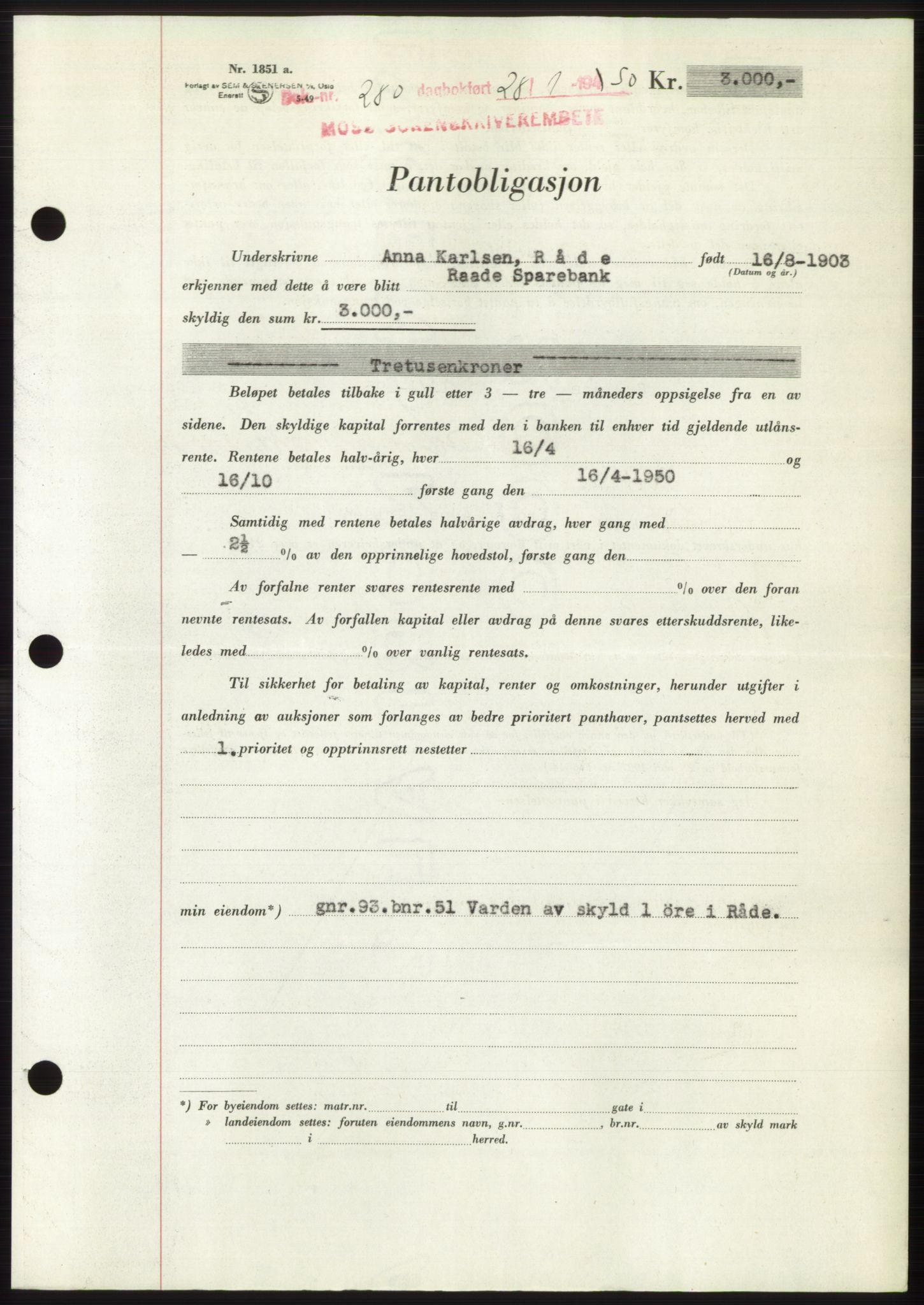 Moss sorenskriveri, SAO/A-10168: Pantebok nr. B23, 1949-1950, Dagboknr: 280/1950