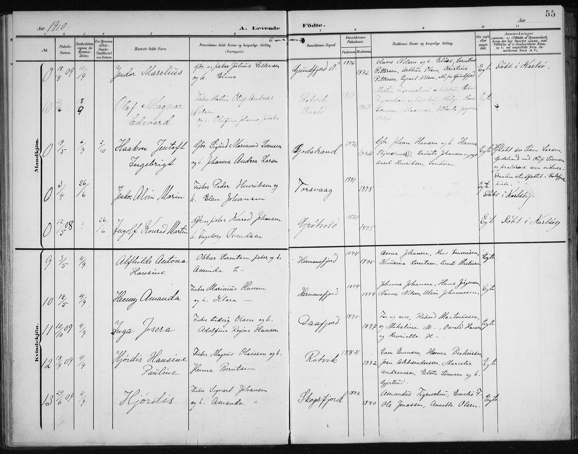 Karlsøy sokneprestembete, AV/SATØ-S-1299/H/Ha/Haa/L0013kirke: Ministerialbok nr. 13, 1902-1916, s. 55
