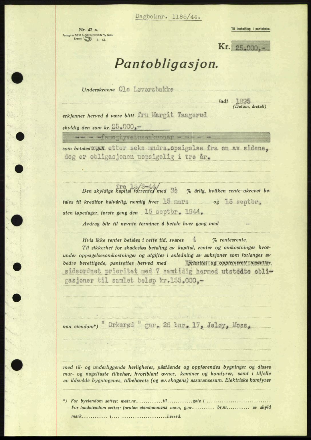 Moss sorenskriveri, SAO/A-10168: Pantebok nr. B13, 1943-1945, Dagboknr: 1185/1944