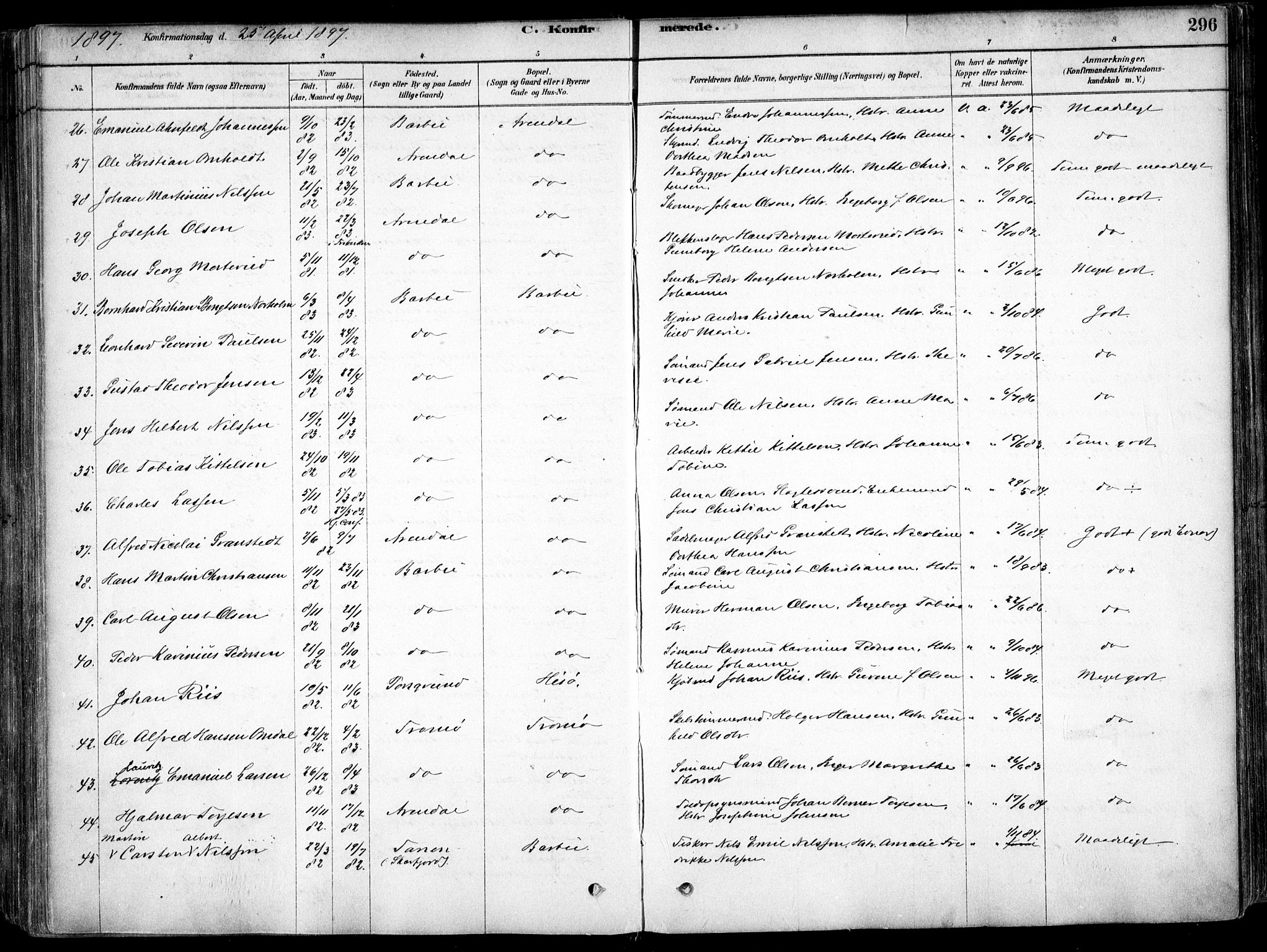 Arendal sokneprestkontor, Trefoldighet, AV/SAK-1111-0040/F/Fa/L0008: Ministerialbok nr. A 8, 1878-1899, s. 296